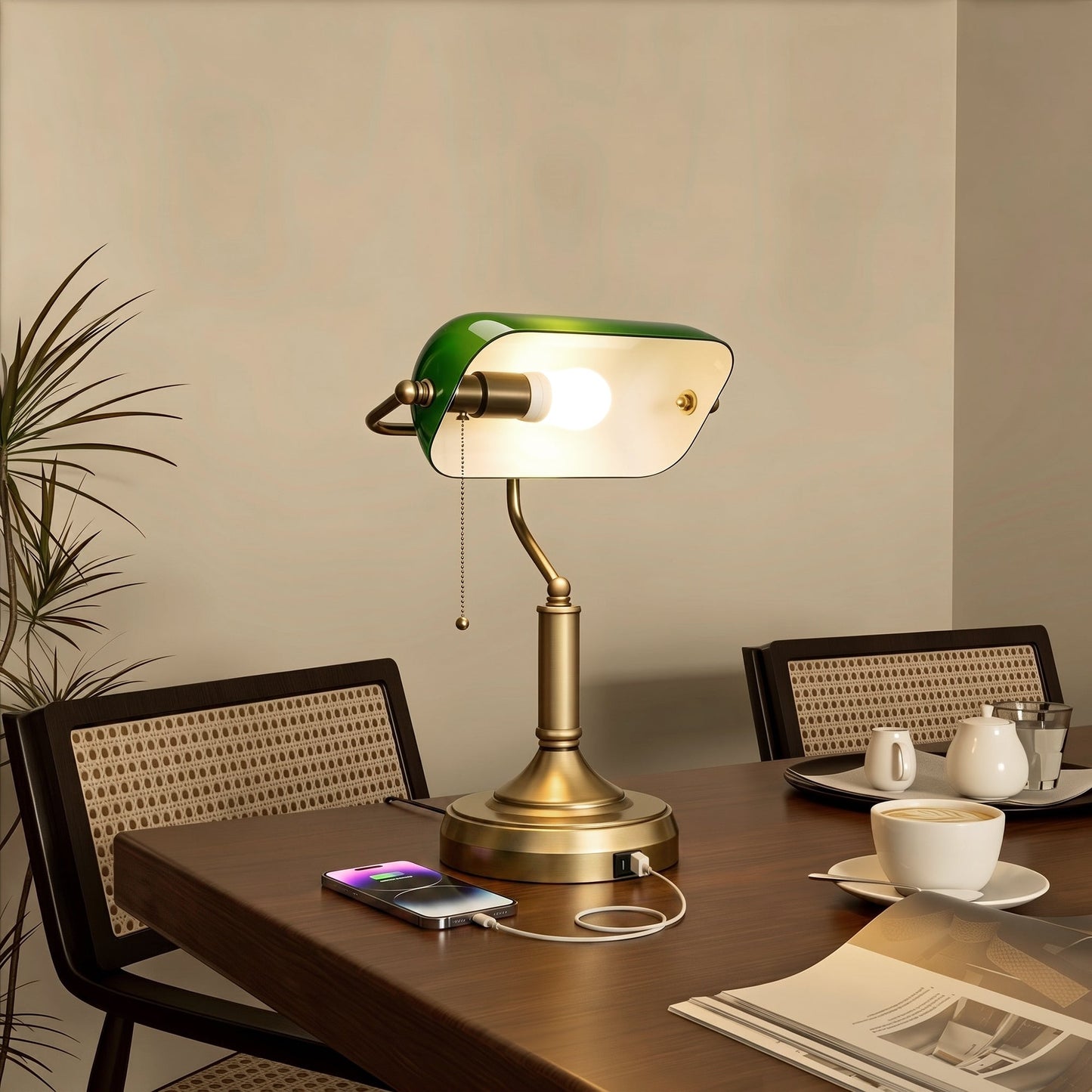 Banker's Table Lamp with Vintage Bronze Tone Base, Green Glass Shade, Pull Rope Switch, USB-A and USB-C Charging Ports for Home Office, Living Room, Bedroom, Dining Room