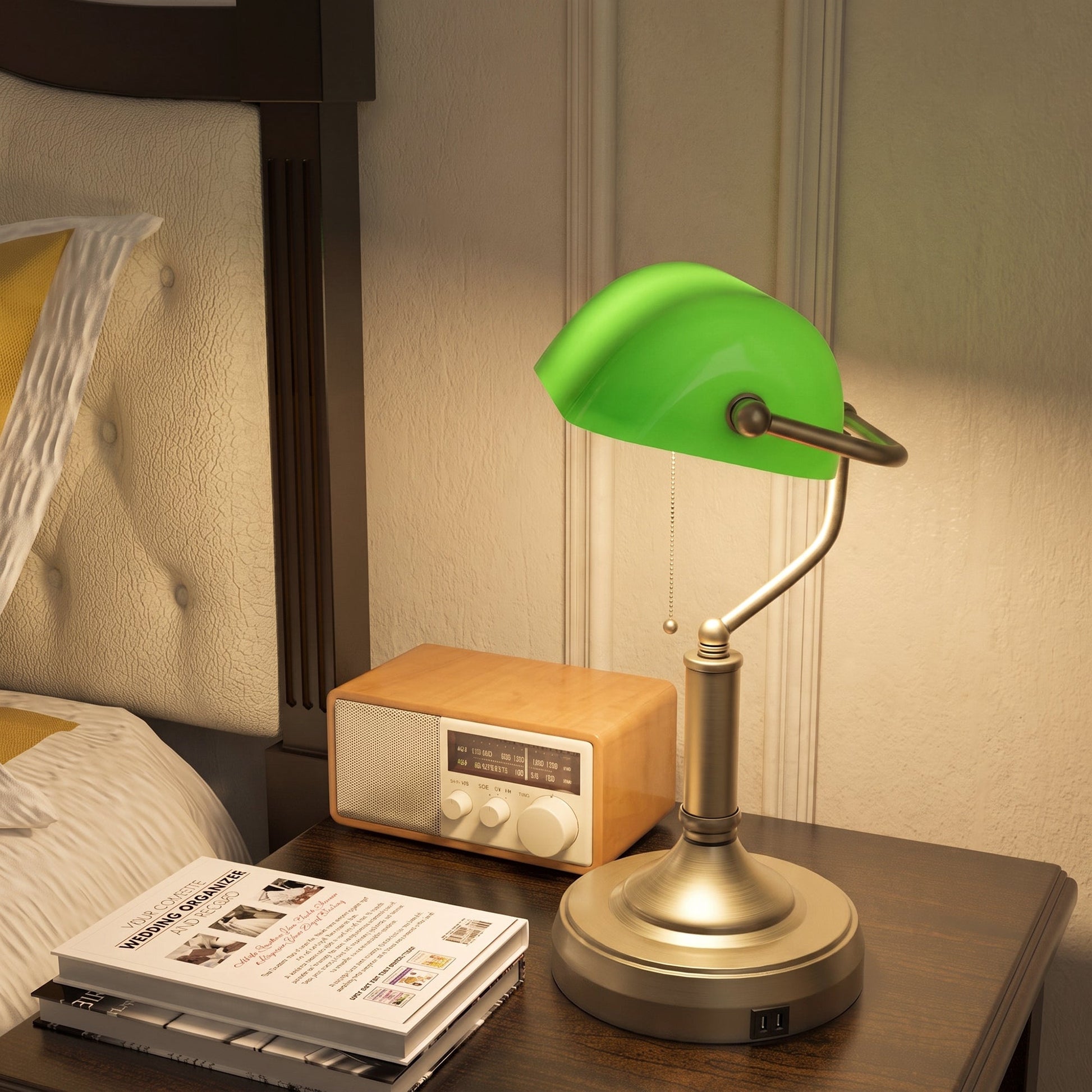 Banker's Table Lamp with Vintage Bronze Tone Base, Green Glass Shade, Pull Rope Switch, USB-A and USB-C Charging Ports for Home Office, Living Room, Bedroom, Dining Room