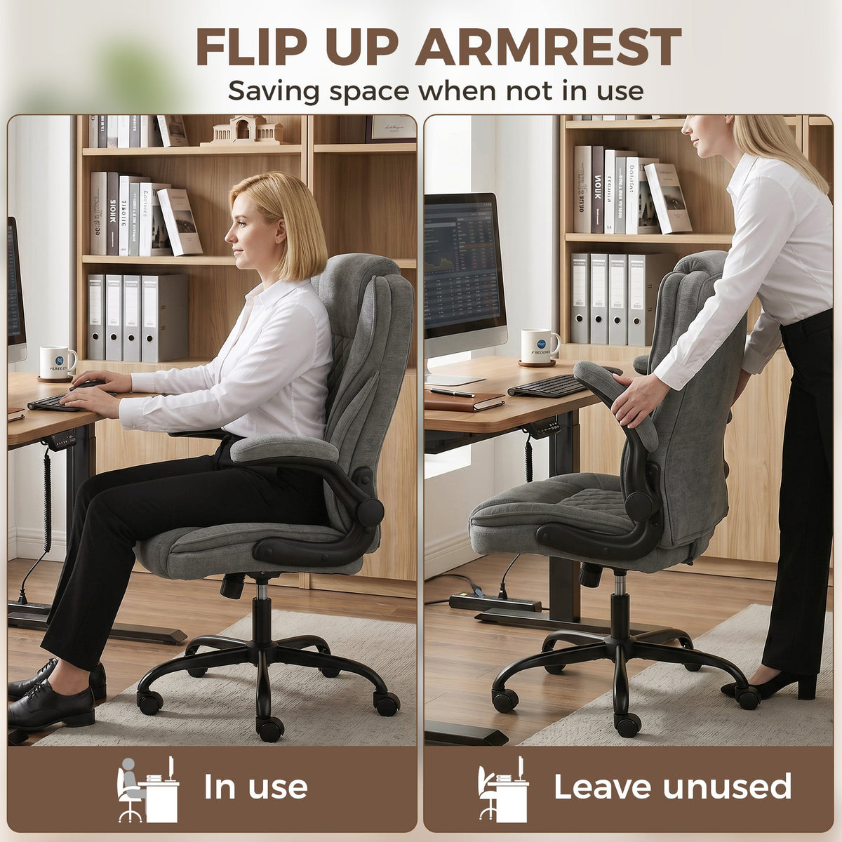 Office Chair, Ergonomic Executive Desk Chair with Padded Flip-up Armrest, Pocket Springs, Swivel Wheels, Multiple Angle Rocking, Adjustable Height, Diamond Fabric for Home Office, Dark Grey