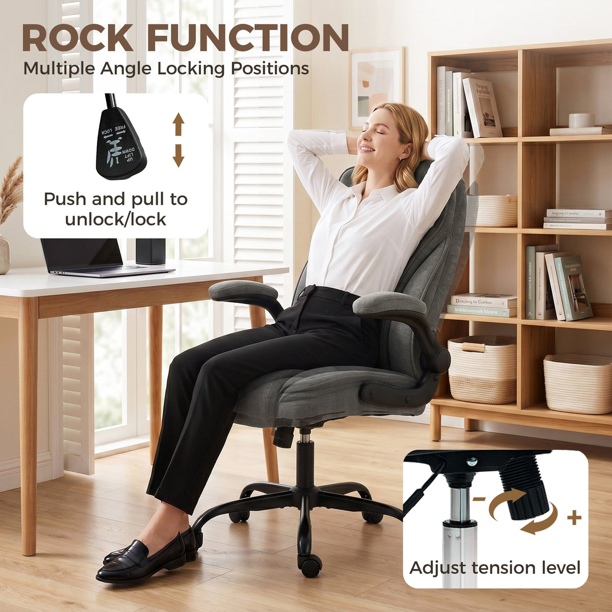 Office Chair, Ergonomic Executive Desk Chair with Padded Flip-up Armrest, Pocket Springs, Swivel Wheels, Multiple Angle Rocking, Adjustable Height, Diamond Fabric for Home Office, Dark Grey