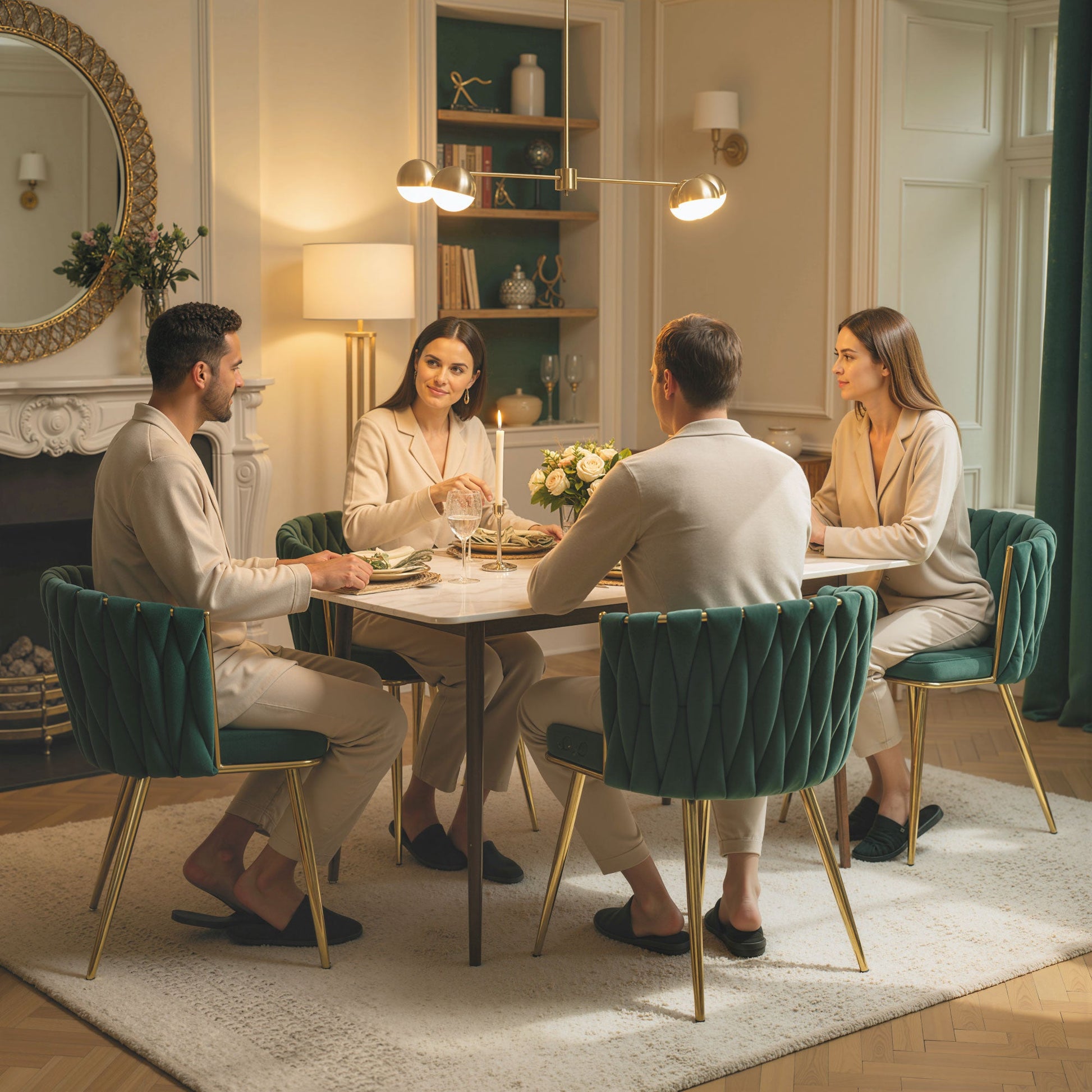 Velvet-Feel Dining Chairs Set of 2, Modern Upholstered Kitchen Chairs with Woven Backrest and Armrests, Metal Legs and Padded Seat for Dining Room, Bedroom, Living Room, Dark Green
