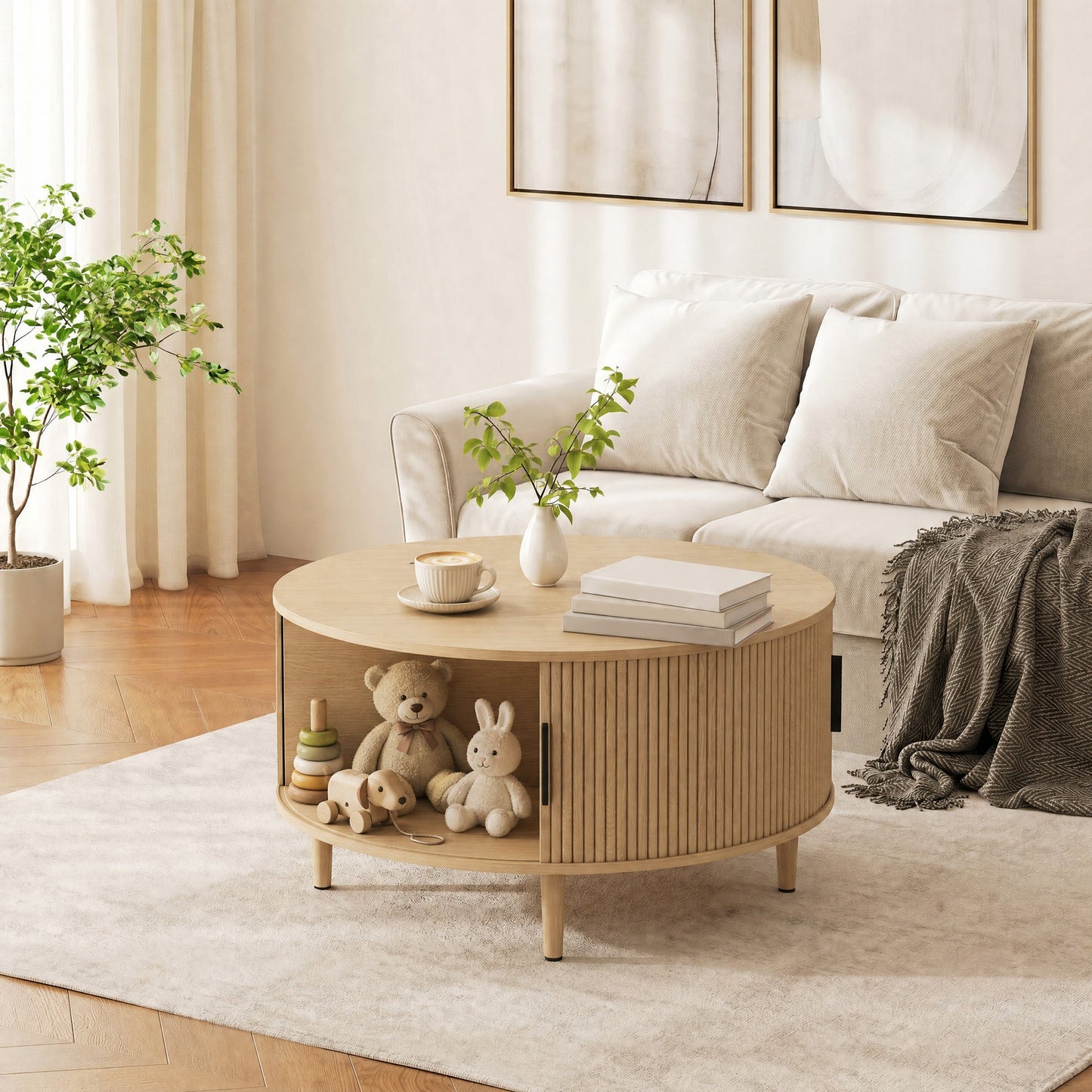 Round Coffee Table with Storage, 80 cm Modern Centre Table with Fluted Sliding Cabinet Door and Lift Top, Wood Circle Drum Table for Living Room, Natural Wood