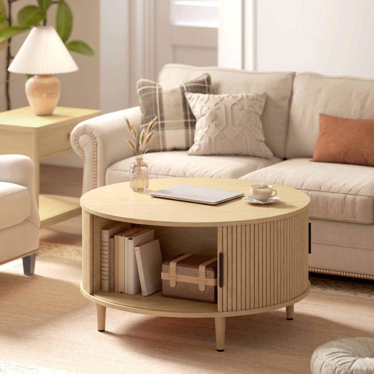 Round Coffee Table with Storage, 80 cm Modern Centre Table with Fluted Sliding Cabinet Door and Lift Top, Wood Circle Drum Table for Living Room, Natural Wood