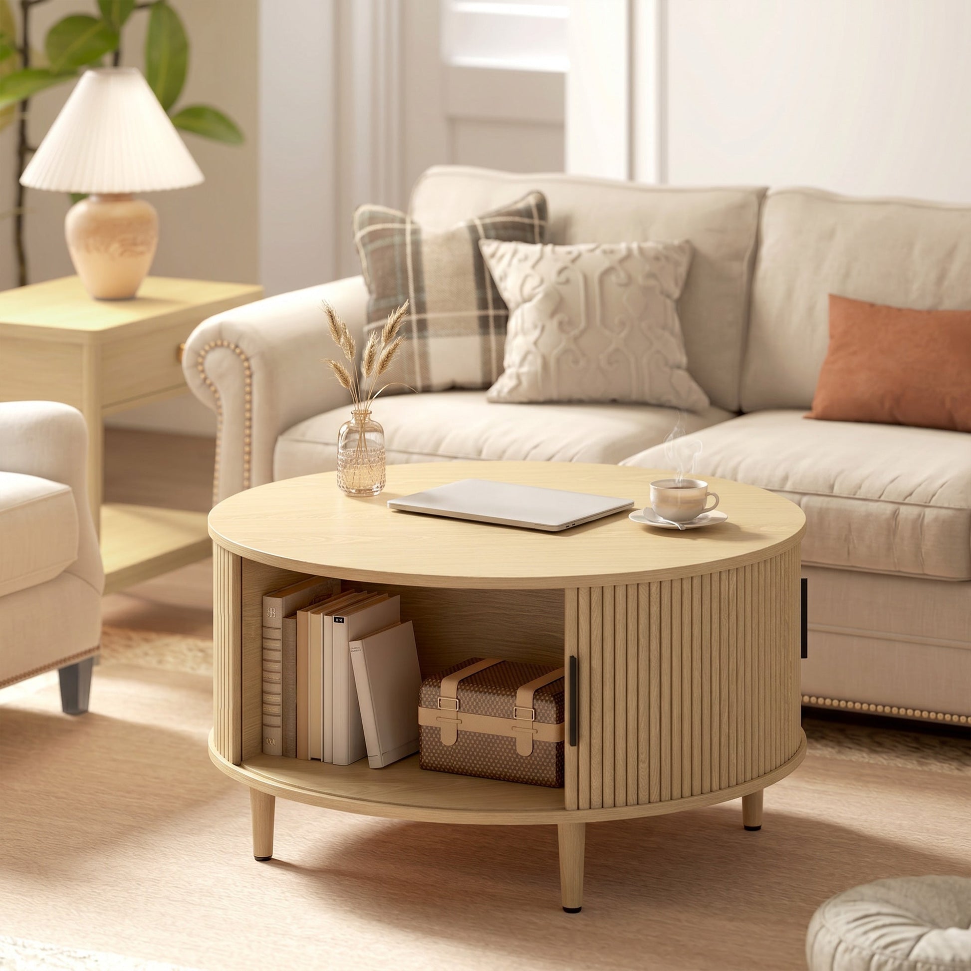 Round Coffee Table with Storage, 80 cm Modern Centre Table with Fluted Sliding Cabinet Door and Lift Top, Wood Circle Drum Table for Living Room, Natural Wood