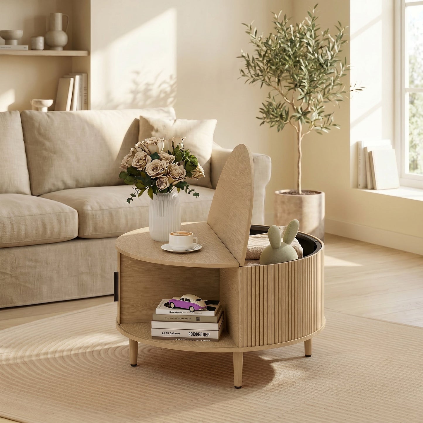 Round Coffee Table with Storage, 80 cm Modern Centre Table with Fluted Sliding Cabinet Door and Lift Top, Wood Circle Drum Table for Living Room, Natural Wood