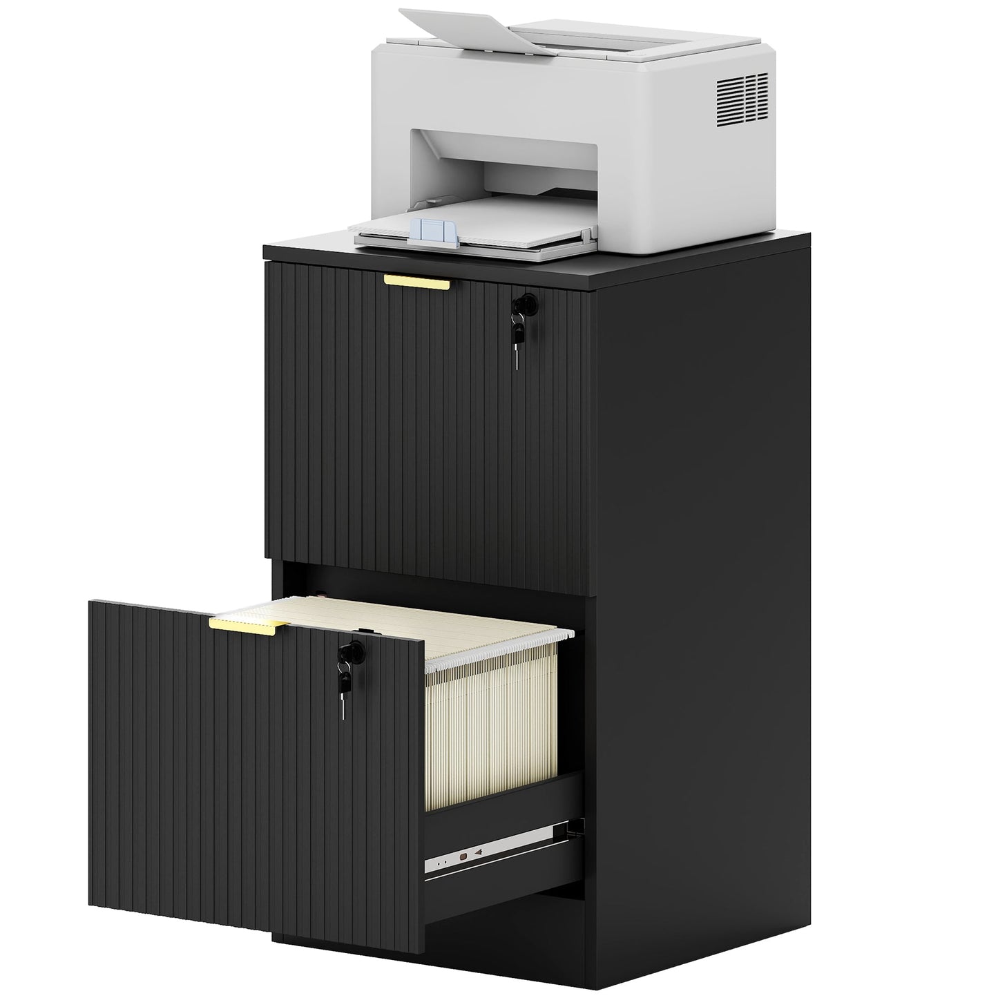 2 Drawer Filing Cabinet, Fluted Vertical File Cabinet with Lock and Adjustable Hanging Rails for A4 and Letter Size Files, Printer Stand with Storage, Black