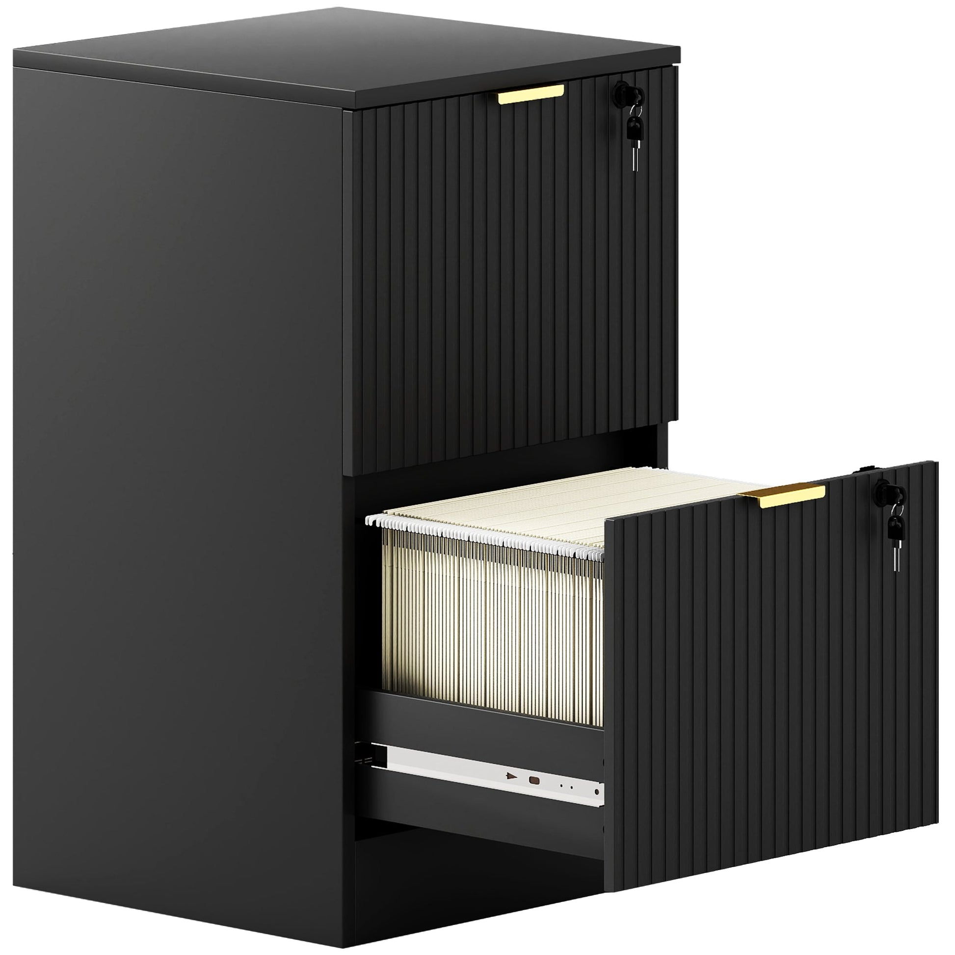 2 Drawer Filing Cabinet, Fluted Vertical File Cabinet with Lock and Adjustable Hanging Rails for A4 and Letter Size Files, Printer Stand with Storage, Black