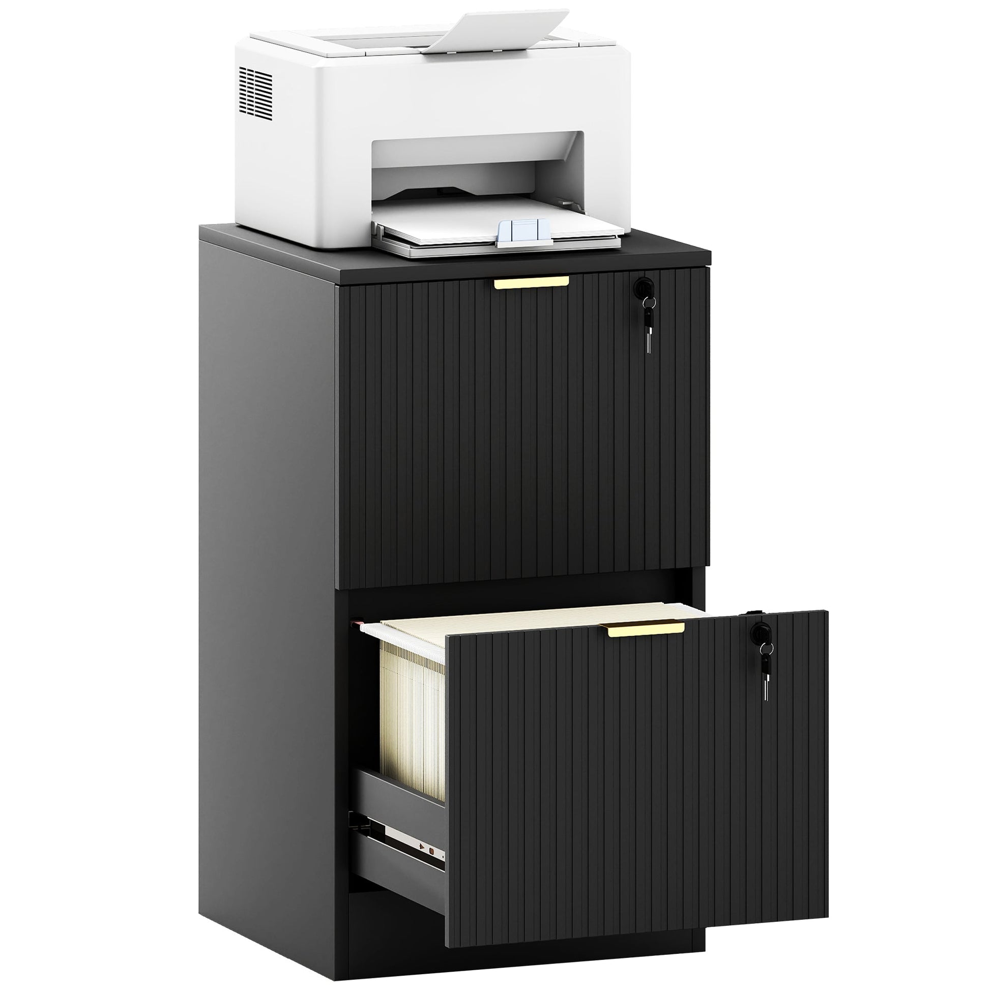 2 Drawer Filing Cabinet, Fluted Vertical File Cabinet with Lock and Adjustable Hanging Rails for A4 and Letter Size Files, Printer Stand with Storage, Black