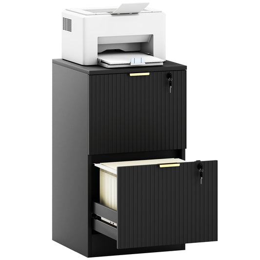 2 Drawer Filing Cabinet, Fluted Vertical File Cabinet with Lock and Adjustable Hanging Rails for A4 and Letter Size Files, Printer Stand with Storage, Black