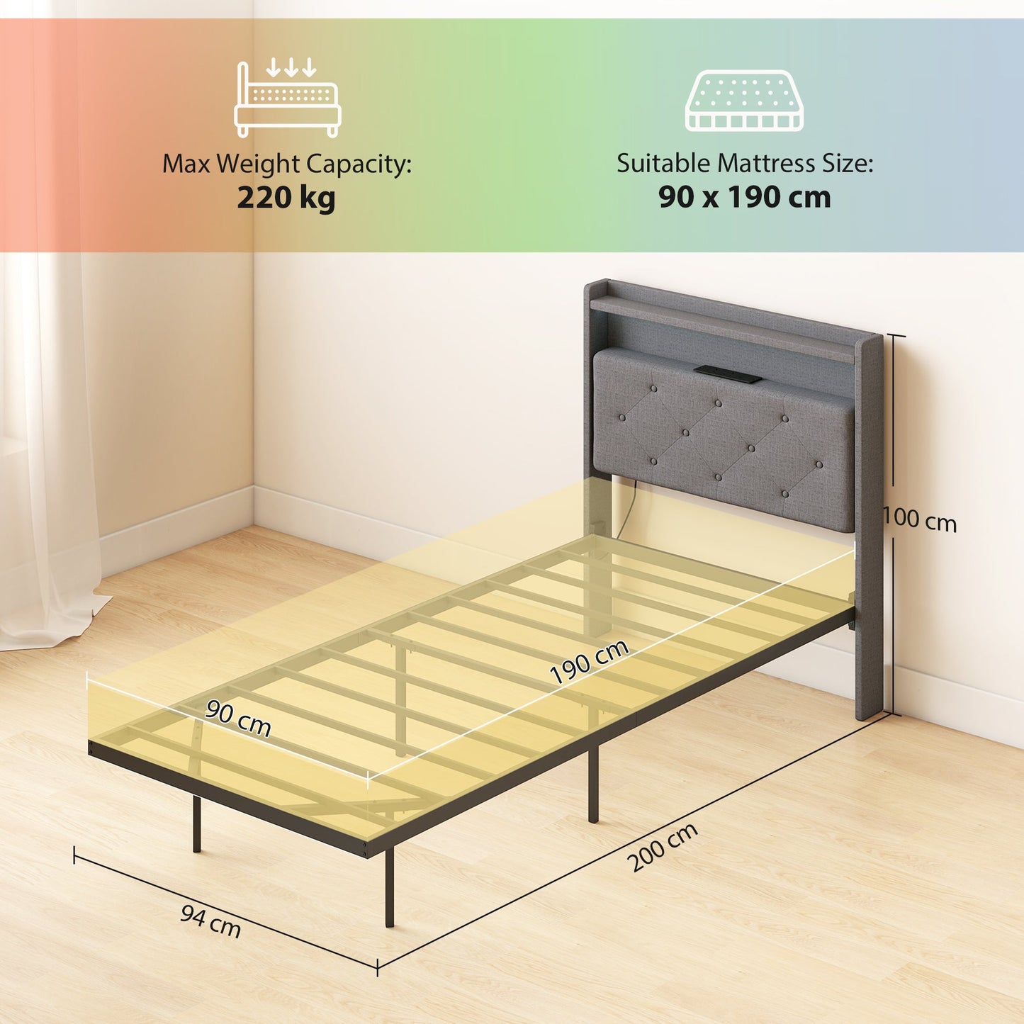 3ft Single Size Bed Frame, Floating Bed Frame with Music Sync RGB LED Lights and Charging Station, Upholstered Headboard with Storage Shelves, No Box Spring Needed, Noise Free, Grey