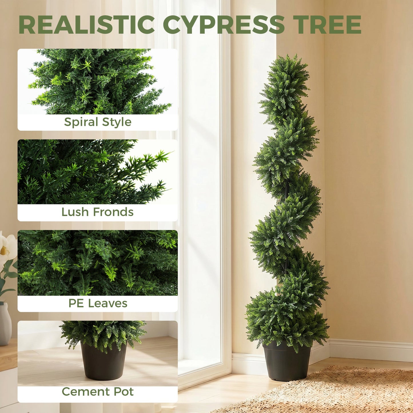 Set of 2 Artificial Spiral Cypress Trees in Pot, 120 cm Tall Fake Plants with 700 Leaves, UV Protection, for Indoors Outdoors Room Office Patio Decor, Deep Green