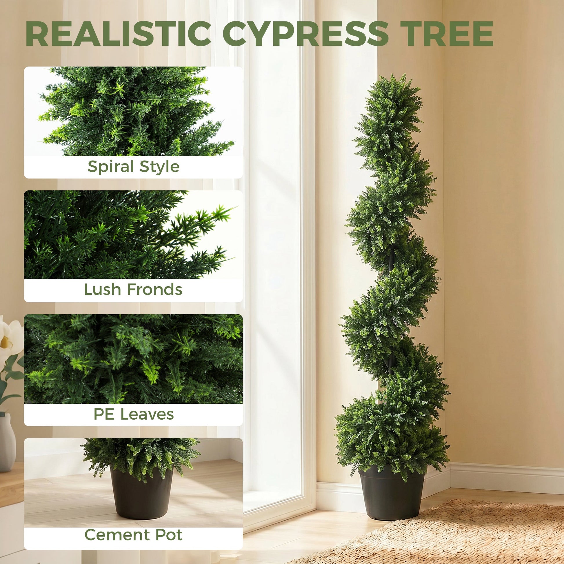 Set of 2 Artificial Spiral Cypress Trees in Pot, 120 cm Tall Fake Plants with 700 Leaves, UV Protection, for Indoors Outdoors Room Office Patio Decor, Deep Green