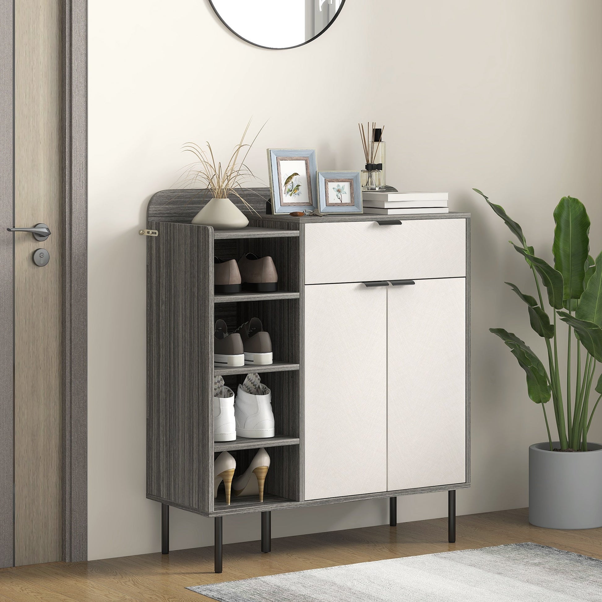 HOMCOM Shoe Cabinet, Hallway Shoe Storage Cabinet with 4-Tier Open Shelf, Double Doors and 3 Adjustable Shelves for 12 Pairs of Shoes, Graphite Wood Effect