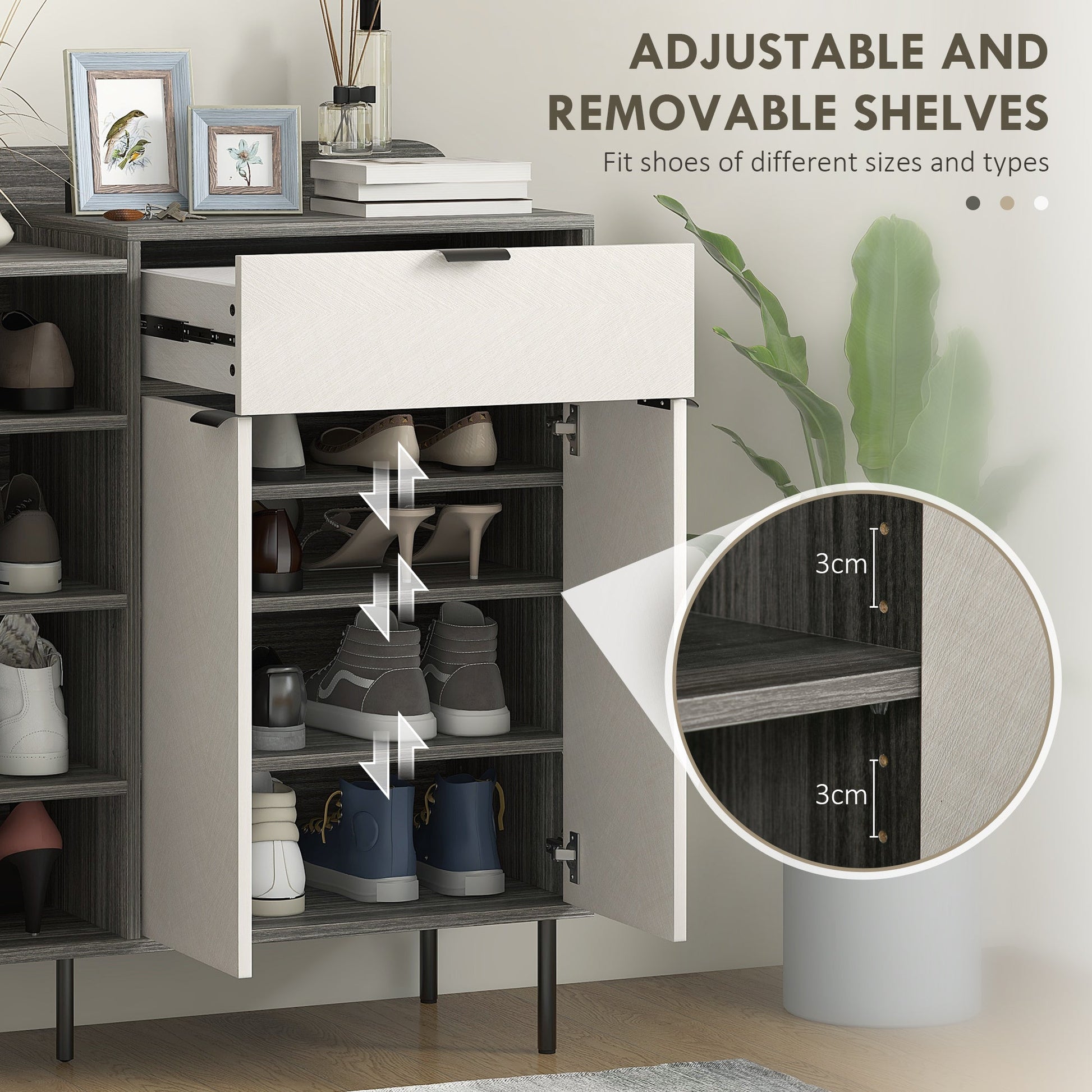 HOMCOM Shoe Cabinet, Hallway Shoe Storage Cabinet with 4-Tier Open Shelf, Double Doors and 3 Adjustable Shelves for 12 Pairs of Shoes, Graphite Wood Effect