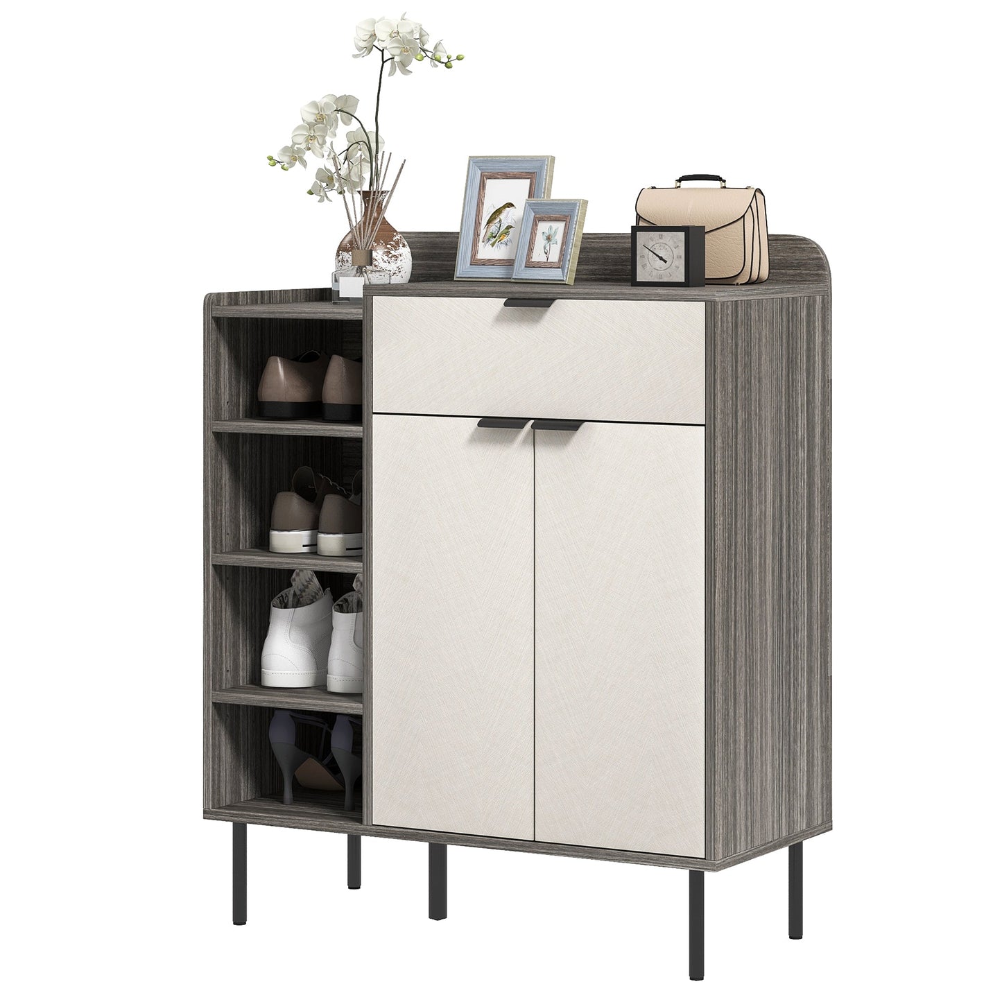 HOMCOM Shoe Cabinet, Hallway Shoe Storage Cabinet with 4-Tier Open Shelf, Double Doors and 3 Adjustable Shelves for 12 Pairs of Shoes, Graphite Wood Effect