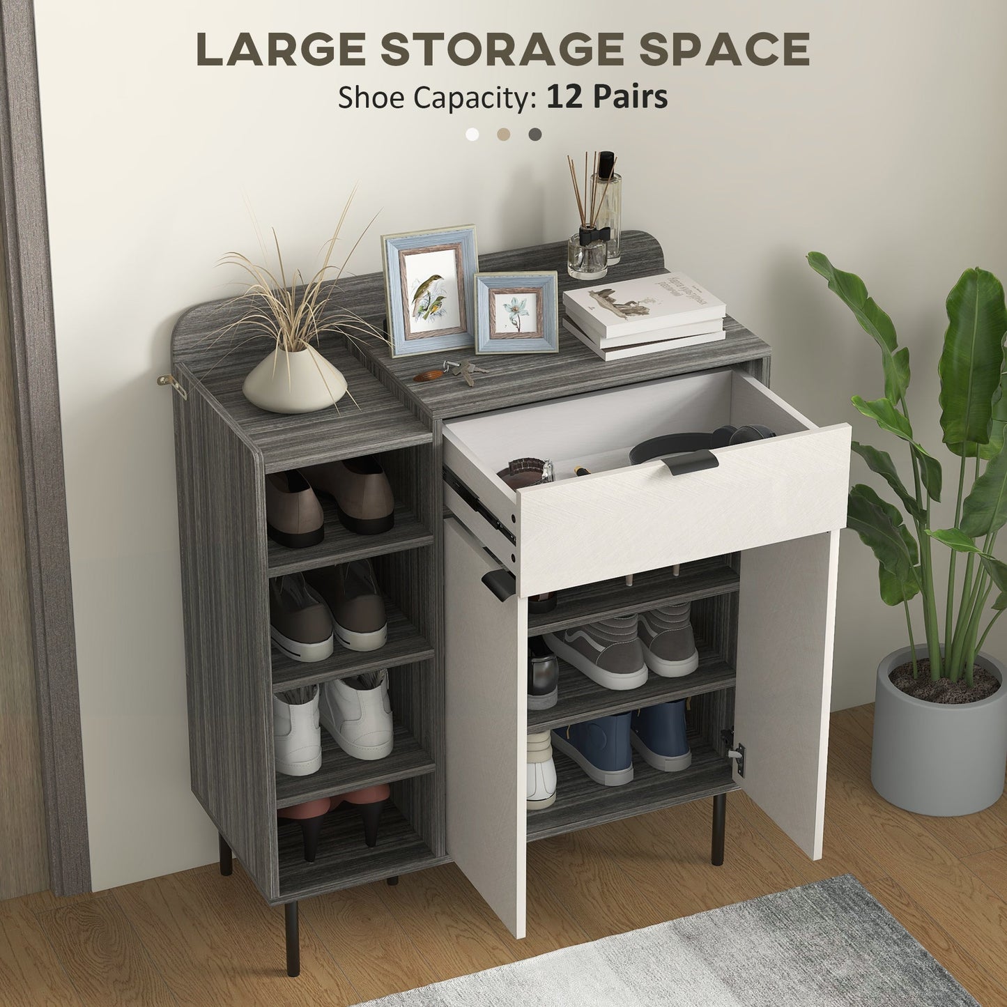 HOMCOM Shoe Cabinet, Hallway Shoe Storage Cabinet with 4-Tier Open Shelf, Double Doors and 3 Adjustable Shelves for 12 Pairs of Shoes, Graphite Wood Effect