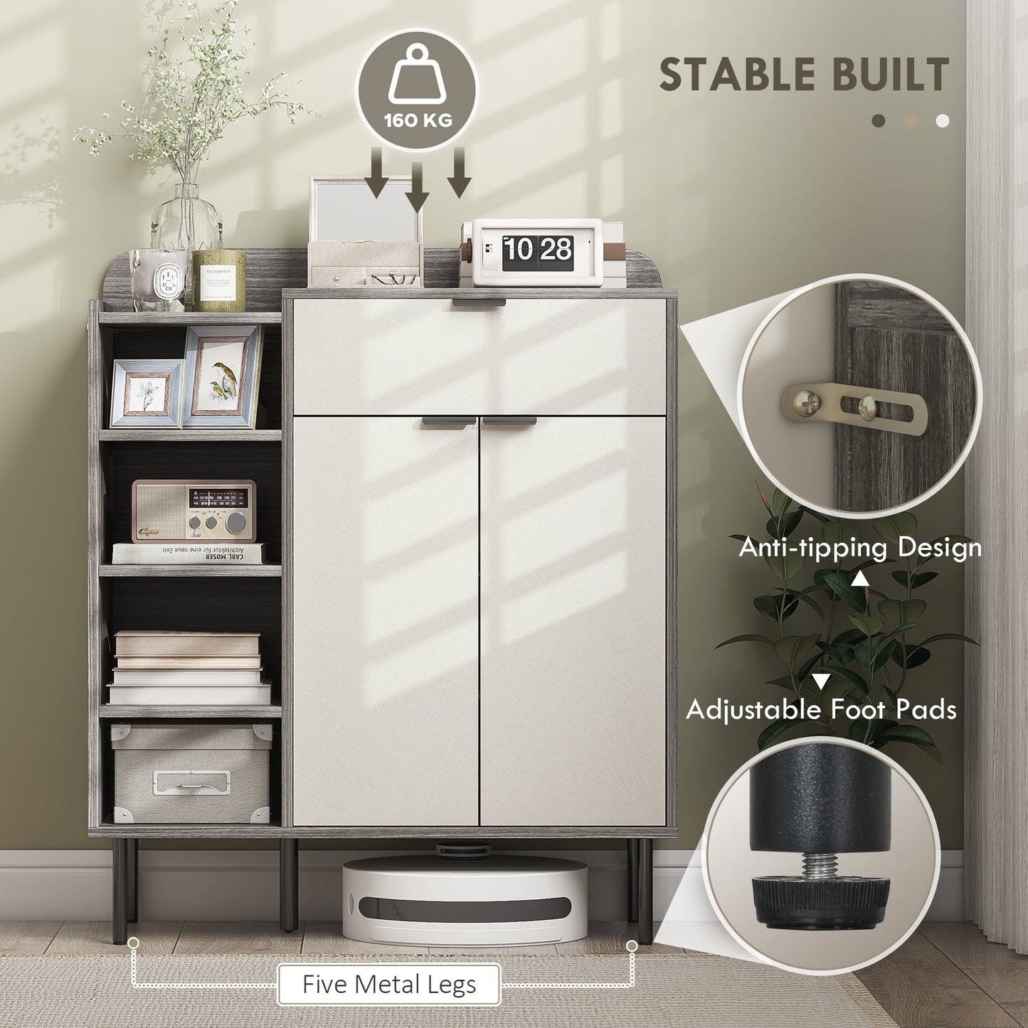 HOMCOM Shoe Cabinet, Hallway Shoe Storage Cabinet with 4-Tier Open Shelf, Double Doors and 3 Adjustable Shelves for 12 Pairs of Shoes, Graphite Wood Effect