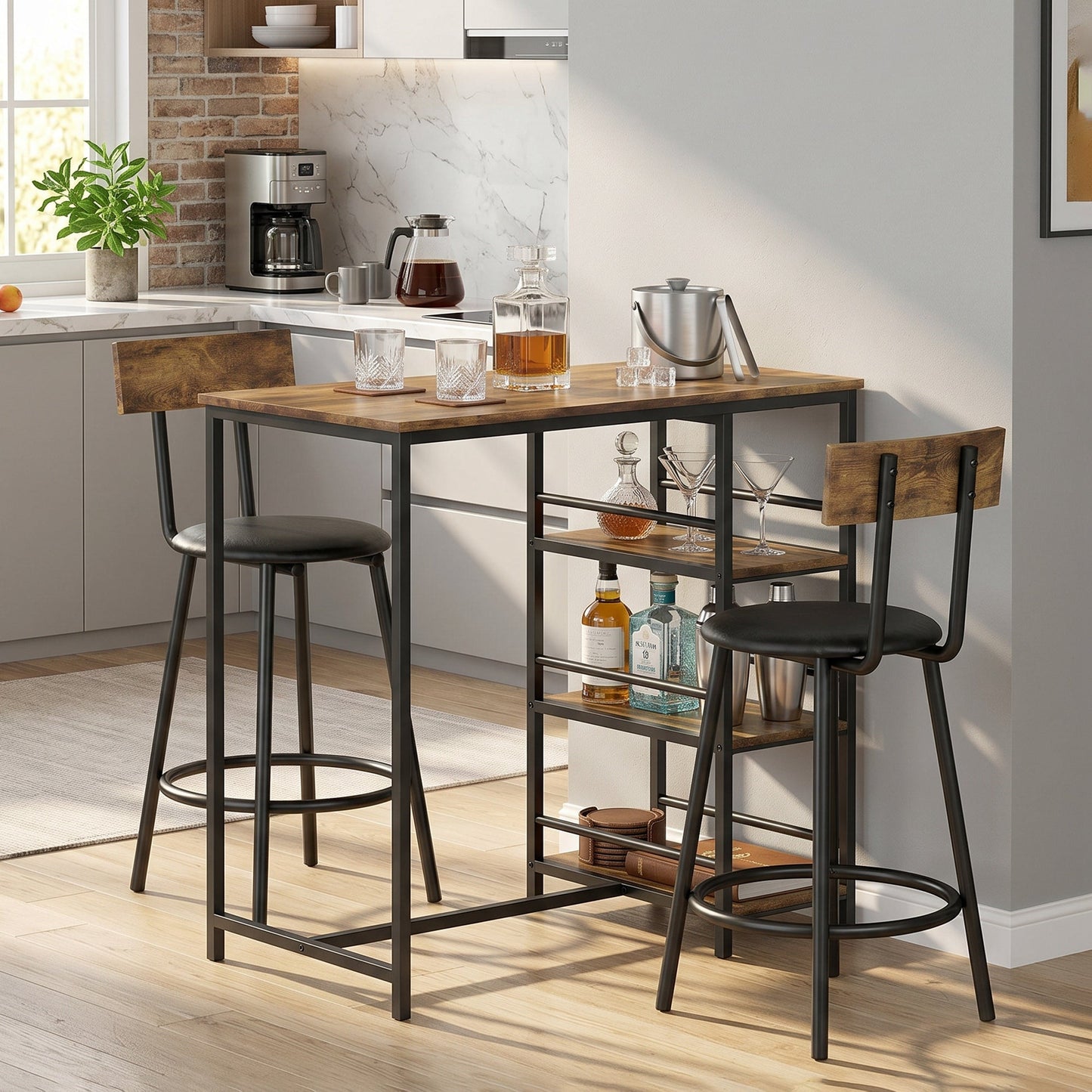 3 Piece Breakfast Bar Table Set, Space Saving Bar Table and PU Leather Stools for 2, Dining Table Set with Storage Shelves, Rustic Brown