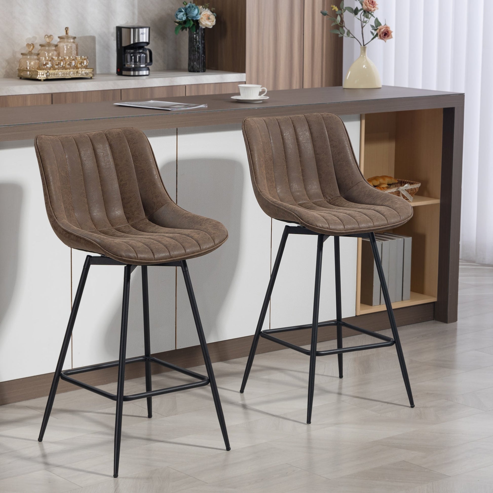 Swivel Bar Stools Set of 2, Textured Faux Leather Counter Stools with Backrest and Footrest, Height Adjustable Breakfast Chairs for Kitchen Island, Home Bar, Dining Room, Brown