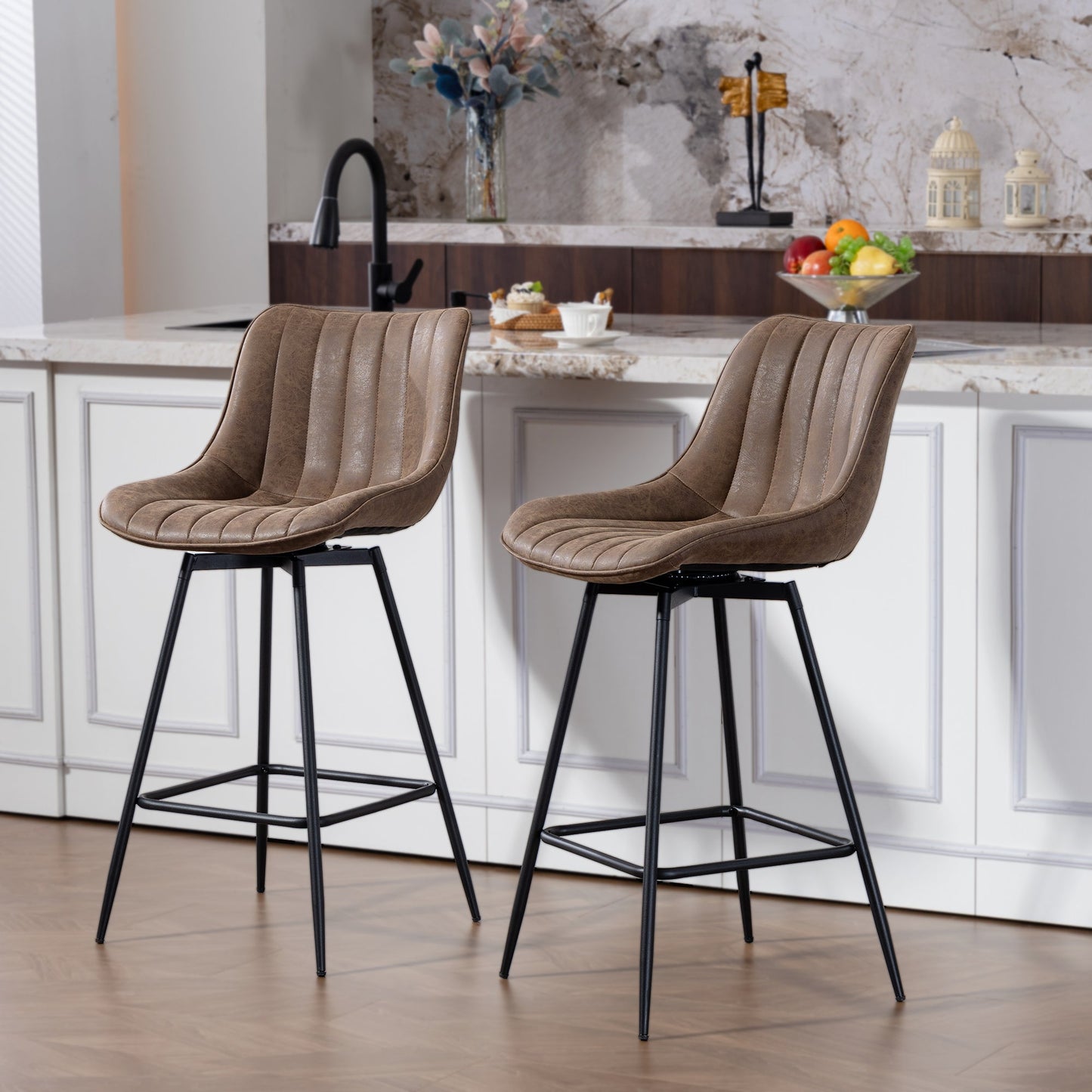 Swivel Bar Stools Set of 2, Textured Faux Leather Counter Stools with Backrest and Footrest, Height Adjustable Breakfast Chairs for Kitchen Island, Home Bar, Dining Room, Brown