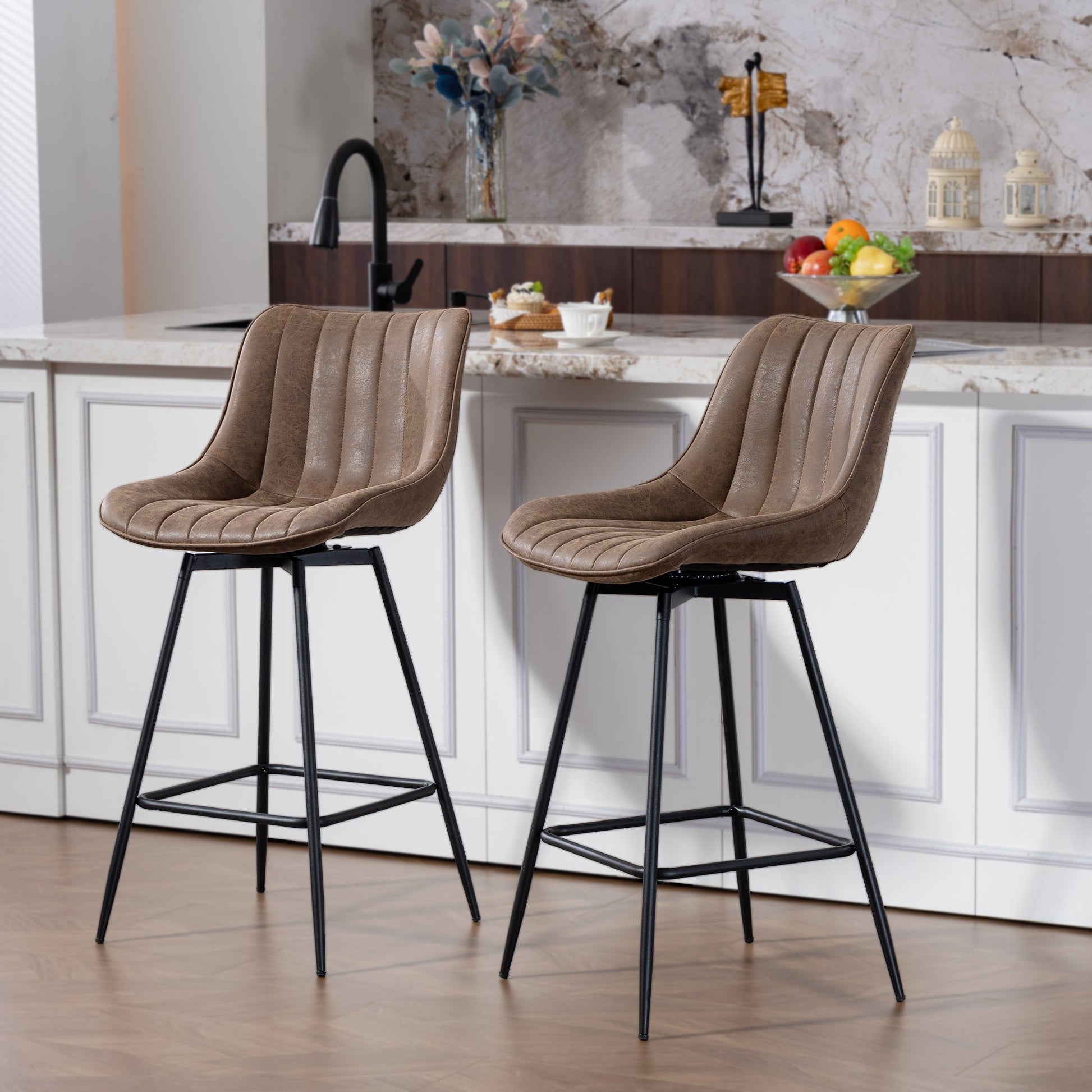 Swivel Bar Stools Set of 2, Textured Faux Leather Counter Stools with Backrest and Footrest, Height Adjustable Breakfast Chairs for Kitchen Island, Home Bar, Dining Room, Brown