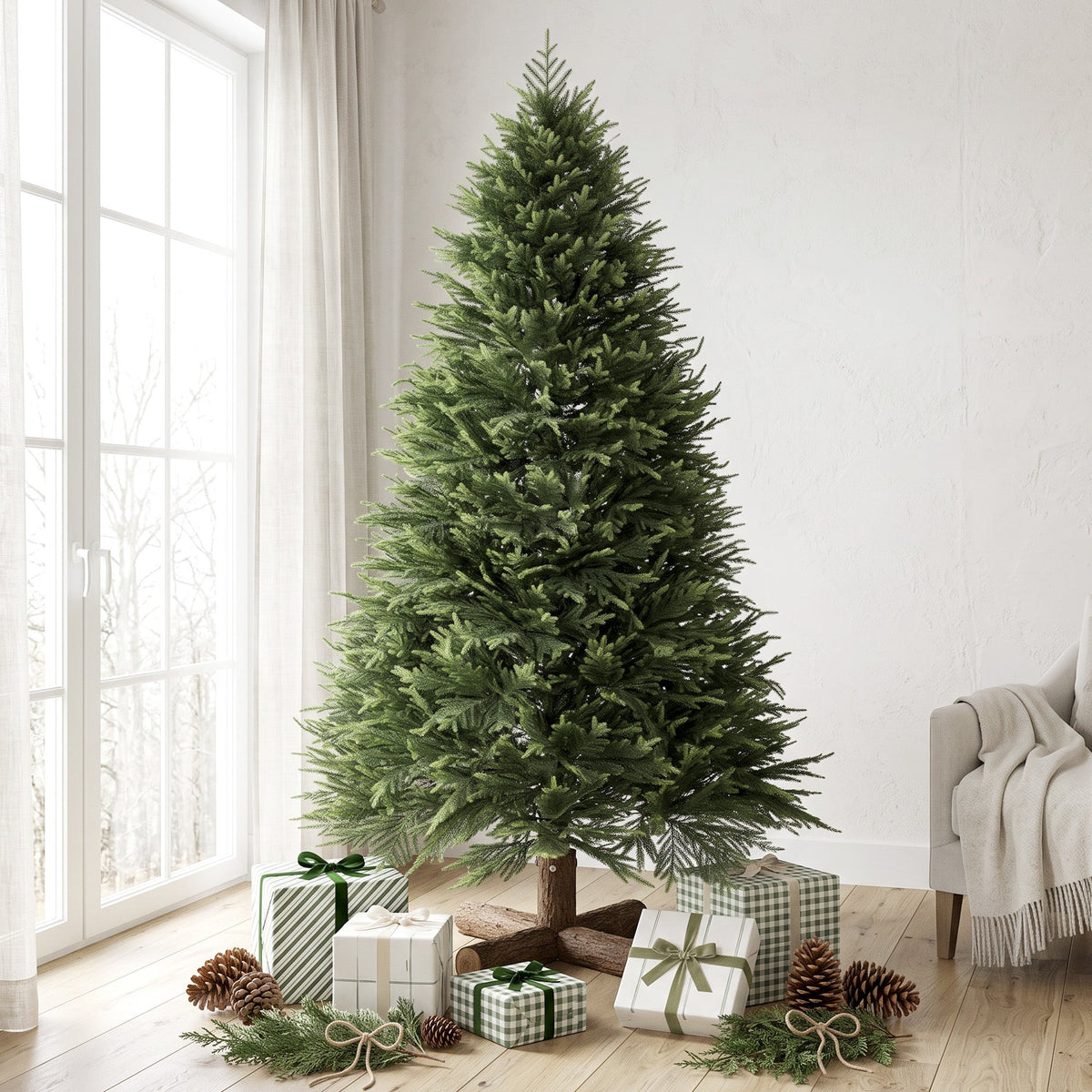 6ft Artificial Christmas Tree, Hinged Xmas Tree with Dense 751 PE & PVC Branch Tips, Realistic Fir Wood Base, Auto Open for Home Office Decor, Green