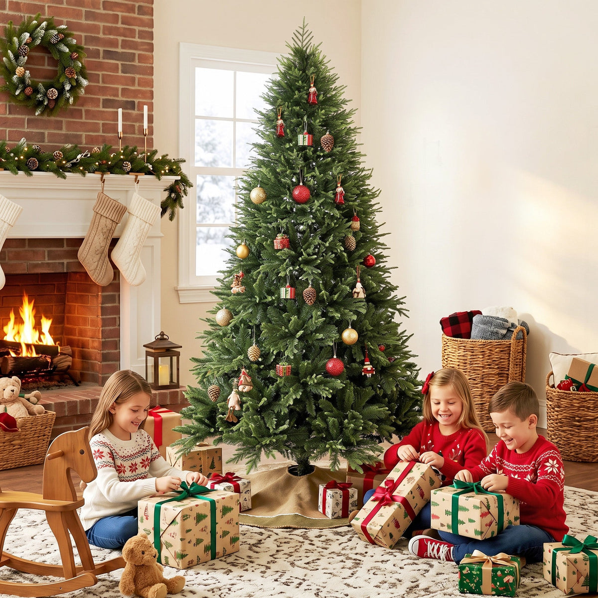 6ft Artificial Christmas Tree, Hinged Xmas Tree with Dense 751 PE & PVC Branch Tips, Realistic Fir Wood Base, Auto Open for Home Office Decor, Green