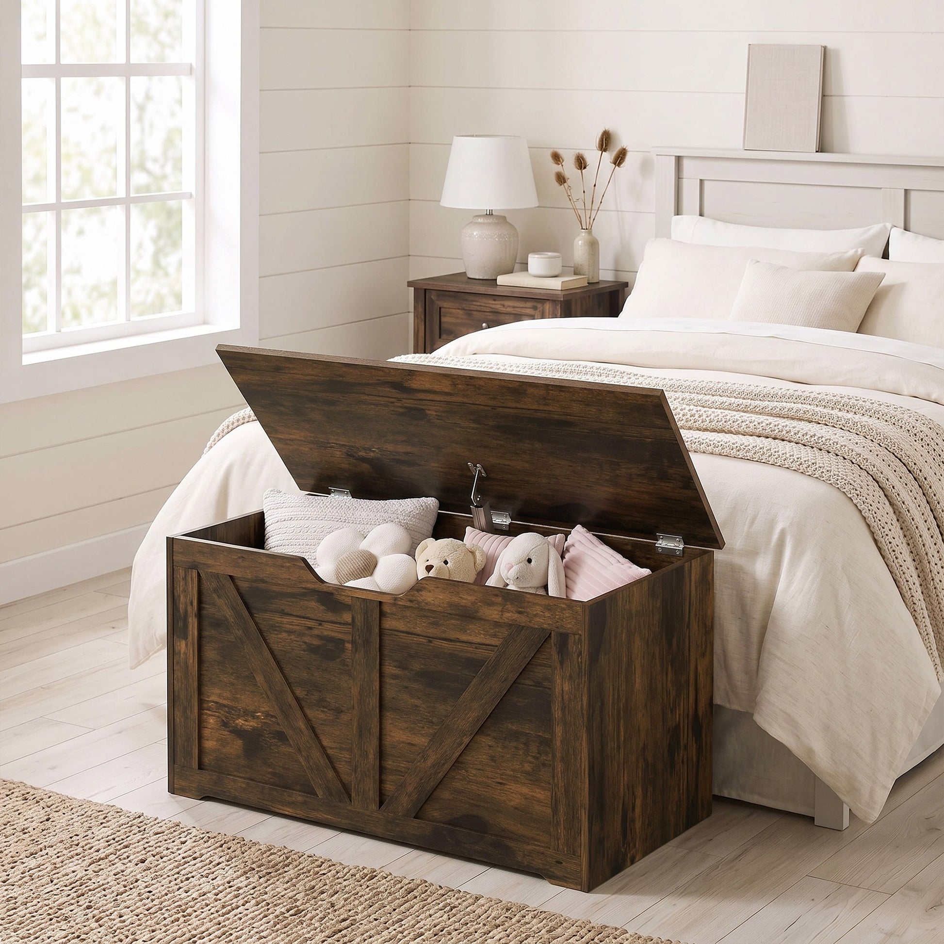 100L Storage Chest, Shoe Storage Trunk Bench Box with Safety Hinge and U-shaped Cut-out Pull, Blanket Box Ottoman for Bedroom, Living Room, Entryway, 80 x 40 x 45 cm, Rustic Brown Wood-Effect
