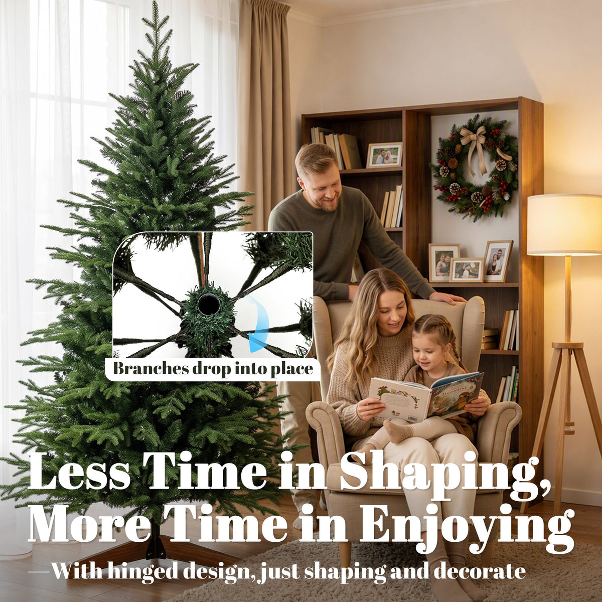 7ft Artificial Christmas Tree, Full Hinged Xmas Tree with 2719 PE & PVC Tips, Solid Pine Wood Stand for Home Office Holiday Decoration, Green