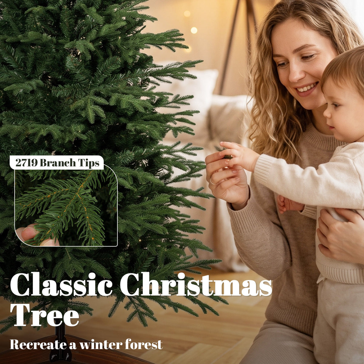 7ft Artificial Christmas Tree, Full Hinged Xmas Tree with 2719 PE & PVC Tips, Solid Pine Wood Stand for Home Office Holiday Decoration, Green