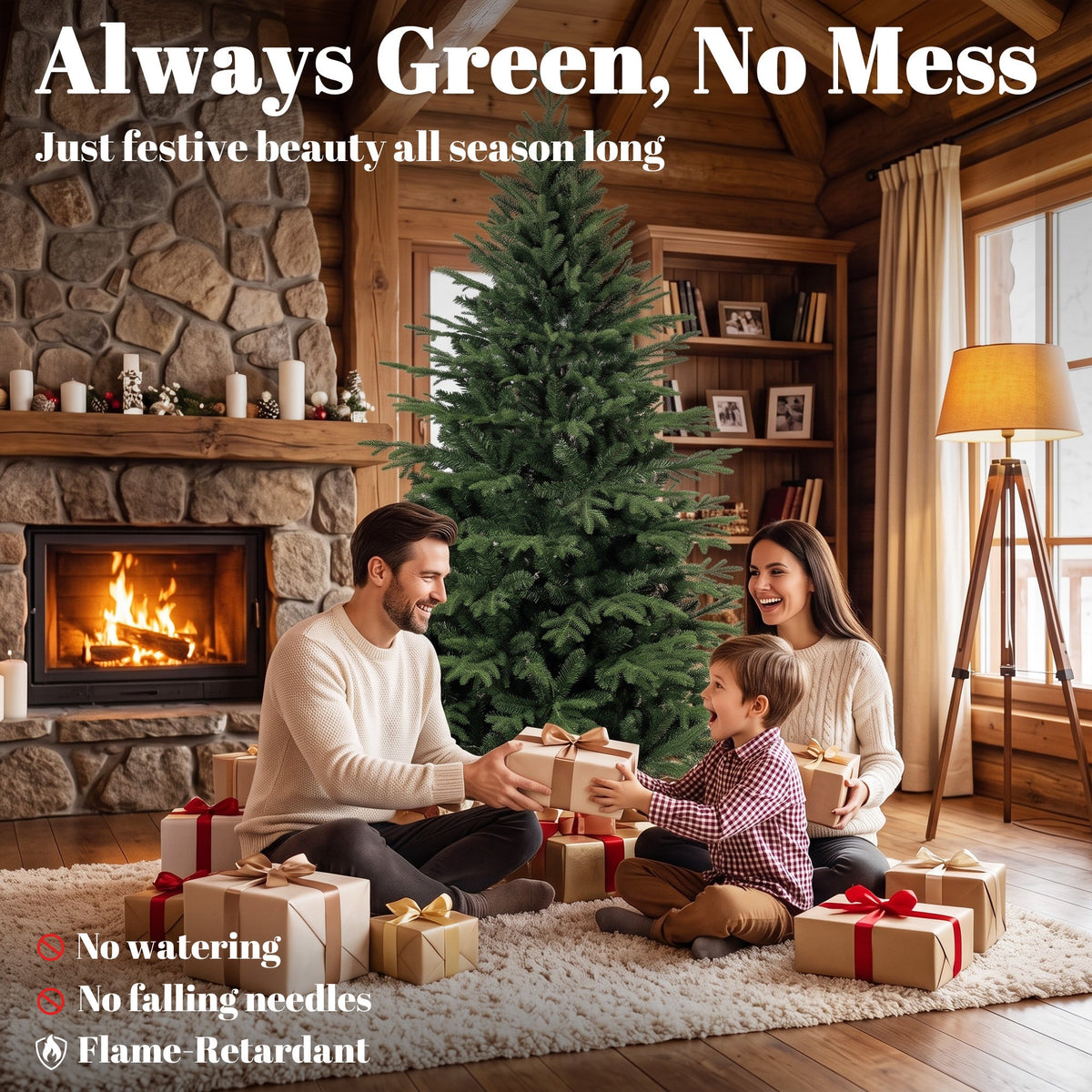 7ft Artificial Christmas Tree, Full Hinged Xmas Tree with 2719 PE & PVC Tips, Solid Pine Wood Stand for Home Office Holiday Decoration, Green
