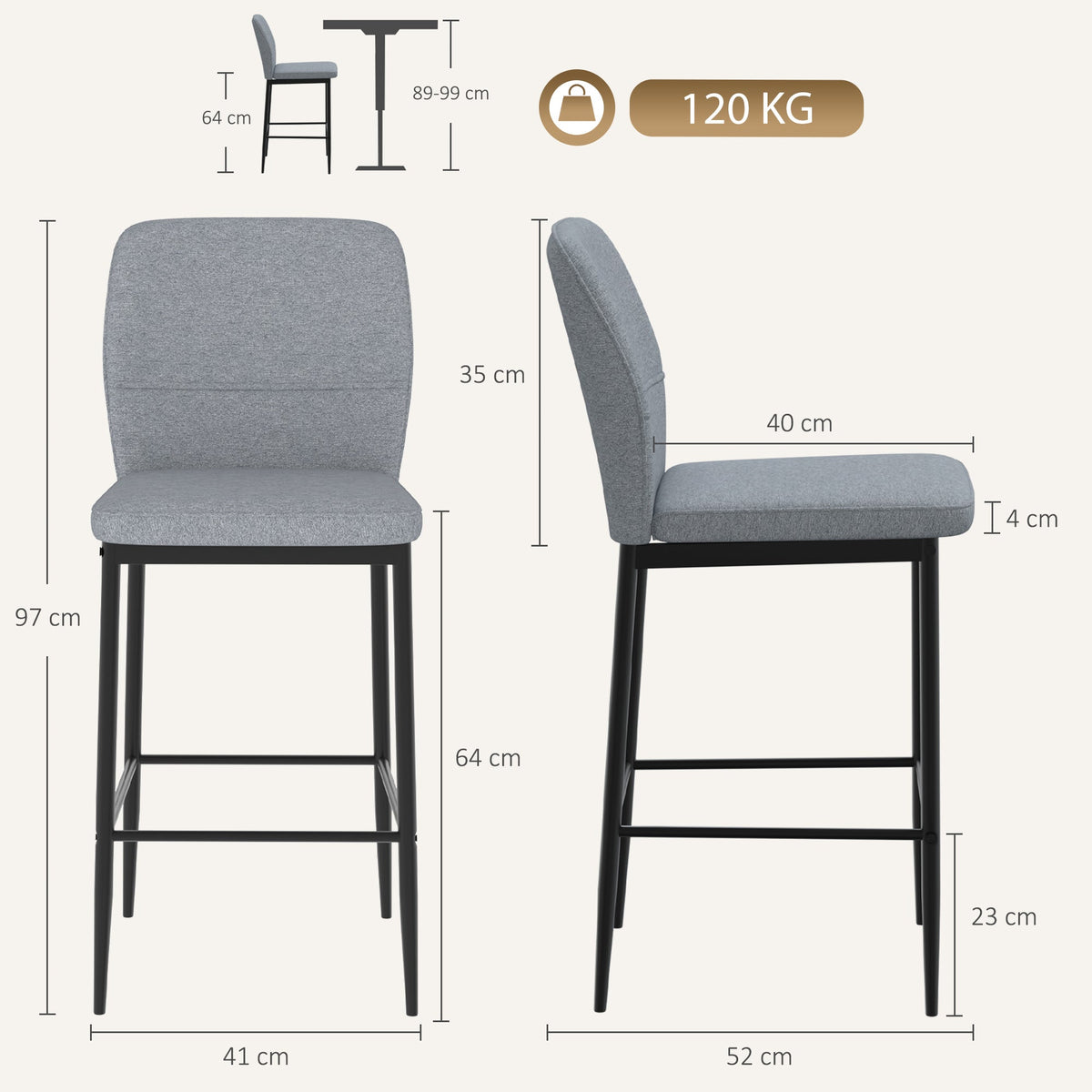 Set of 2 Velvet Bar Stools, Modern Tall Barstools with Footrest and Backrest for Kitchen Counter, Breakfast Bar, Grey