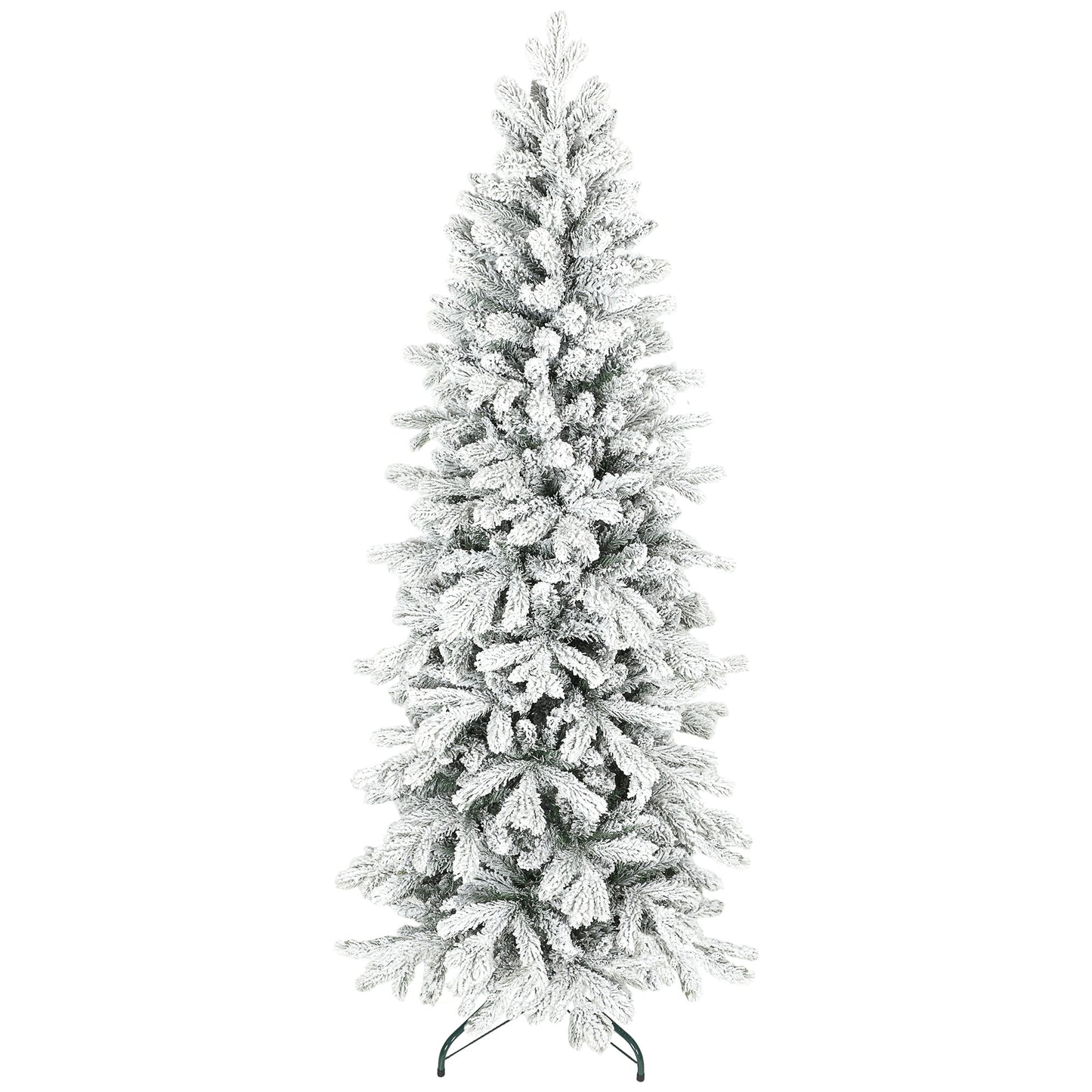 6ft Flocked Christmas Tree, Hinged Pencil Christmas Tree with 756 Tips, Realistic Branches, Easy Assembly, Slim Shape, Artificial Xmas Home Decoration, Green White