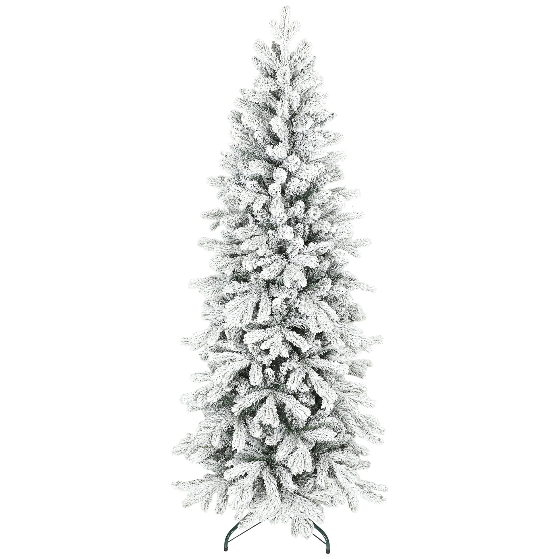 6ft Flocked Christmas Tree, Hinged Pencil Christmas Tree with 756 Tips, Realistic Branches, Easy Assembly, Slim Shape, Artificial Xmas Home Decoration, Green White
