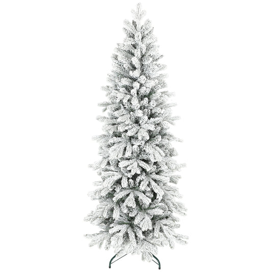 6ft Flocked Christmas Tree, Hinged Pencil Christmas Tree with 756 Tips, Realistic Branches, Easy Assembly, Slim Shape, Artificial Xmas Home Decoration, Green White