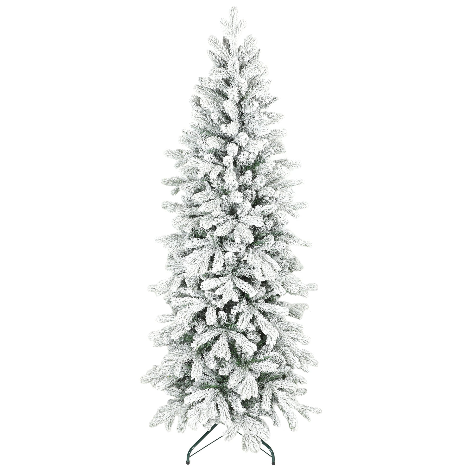 6ft Flocked Christmas Tree, Hinged Pencil Christmas Tree with 756 Tips, Realistic Branches, Easy Assembly, Slim Shape, Artificial Xmas Home Decoration, Green White