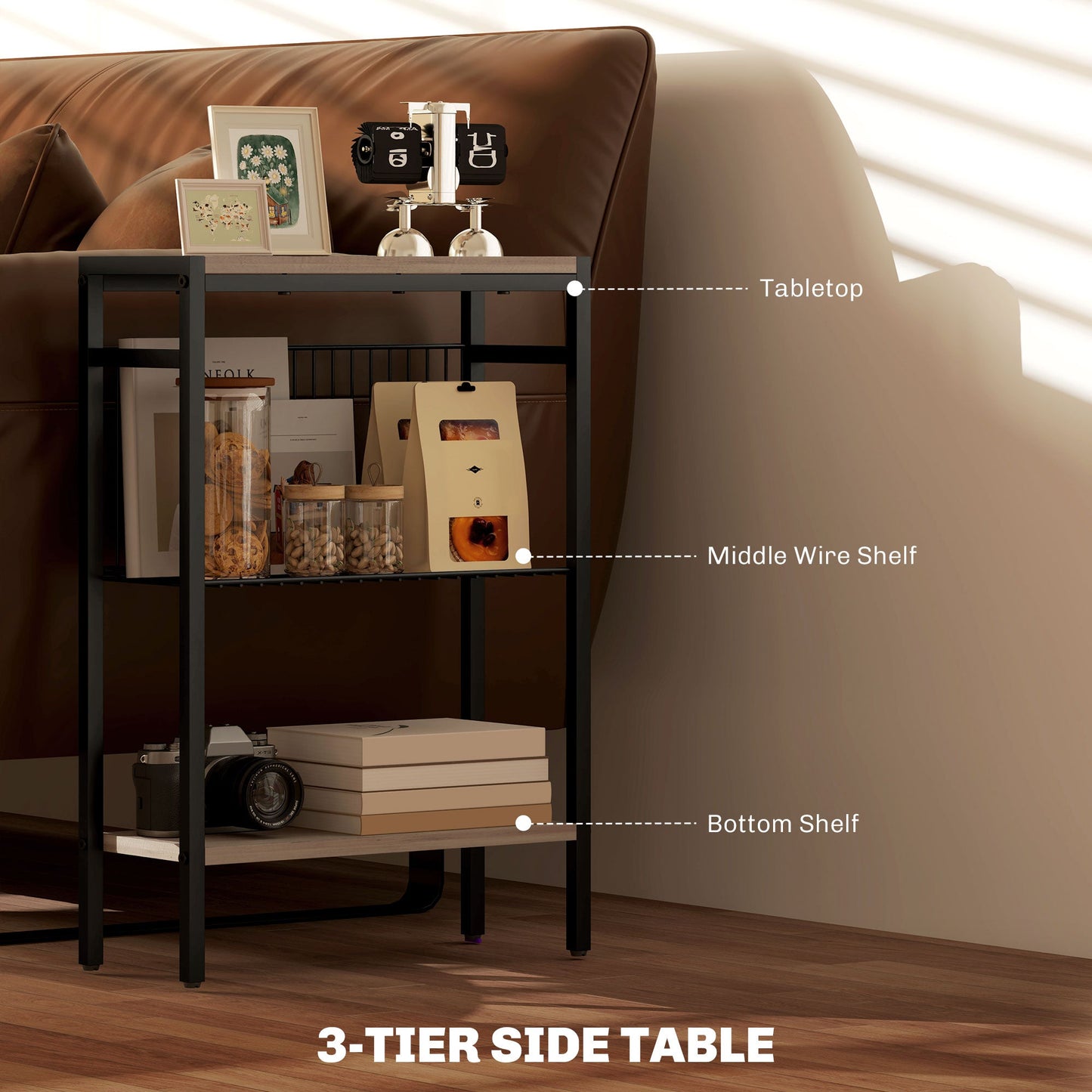 HOMCOM Side Table with 3-Tier Storage, Small Bedside Table, Sofa End Table with Steel Frame for Living Room, Bedroom, Grey