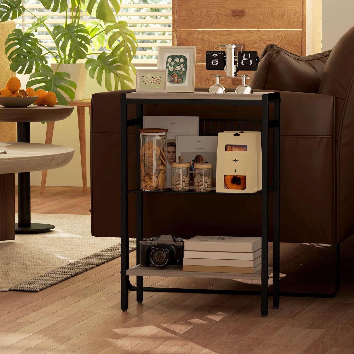 HOMCOM Side Table with 3-Tier Storage, Small Bedside Table, Sofa End Table with Steel Frame for Living Room, Bedroom, Grey