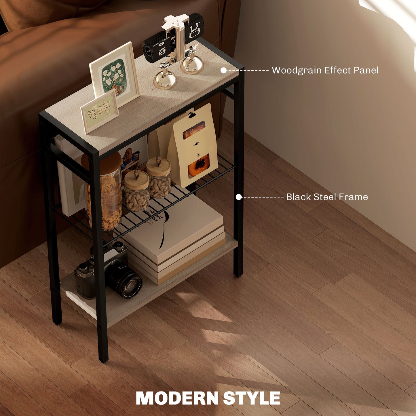 HOMCOM Side Table with 3-Tier Storage, Small Bedside Table, Sofa End Table with Steel Frame for Living Room, Bedroom, Grey