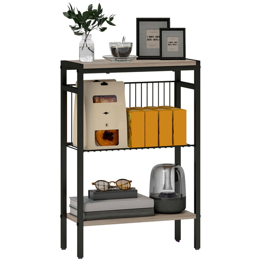 HOMCOM Side Table with 3-Tier Storage, Small Bedside Table, Sofa End Table with Steel Frame for Living Room, Bedroom, Grey