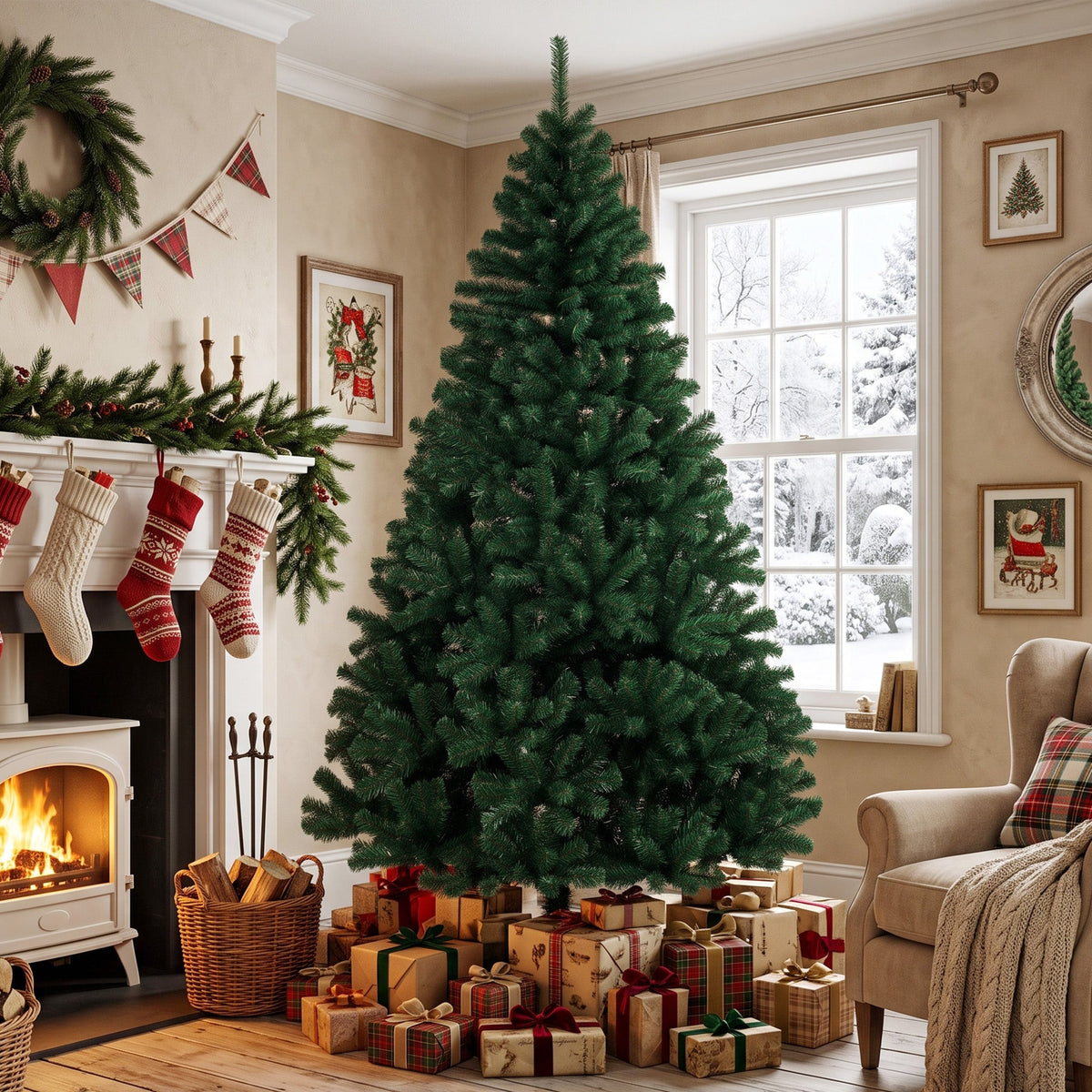 7ft/210cm Artificial Christmas Tree, Fir Hinged Xmas Tree with 1100 Branch Tips, Foldable Steel Stand, Easy Assembly for Home Office Holiday Decoration, Green