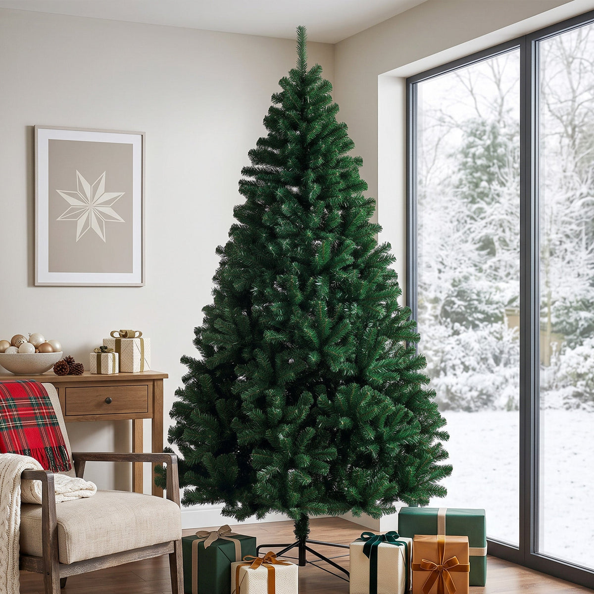 7ft/210cm Artificial Christmas Tree, Fir Hinged Xmas Tree with 1100 Branch Tips, Foldable Steel Stand, Easy Assembly for Home Office Holiday Decoration, Green