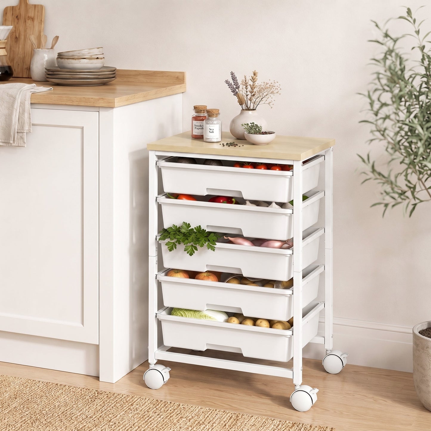 6-Tier Storage Trolley on Wheels, Metal Kitchen Rolling Cart with 5 Pull-Out Drawers, Kitchen Storage Rack for Living Room, Dining Room, Bedroom, Bathroom, White