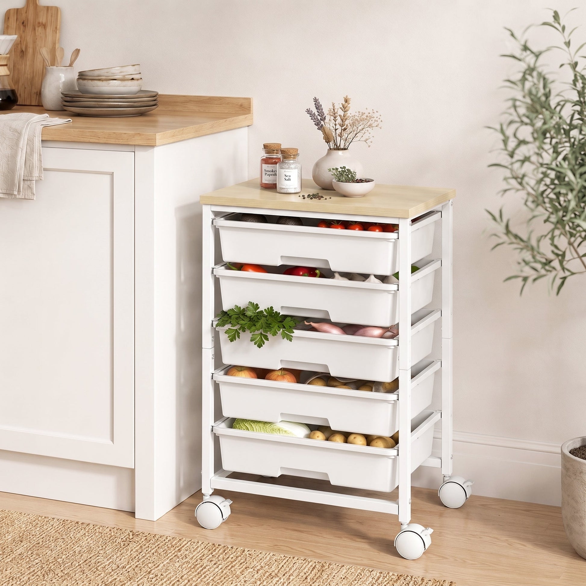 6-Tier Storage Trolley on Wheels, Metal Kitchen Rolling Cart with 5 Pull-Out Drawers, Kitchen Storage Rack for Living Room, Dining Room, Bedroom, Bathroom, White