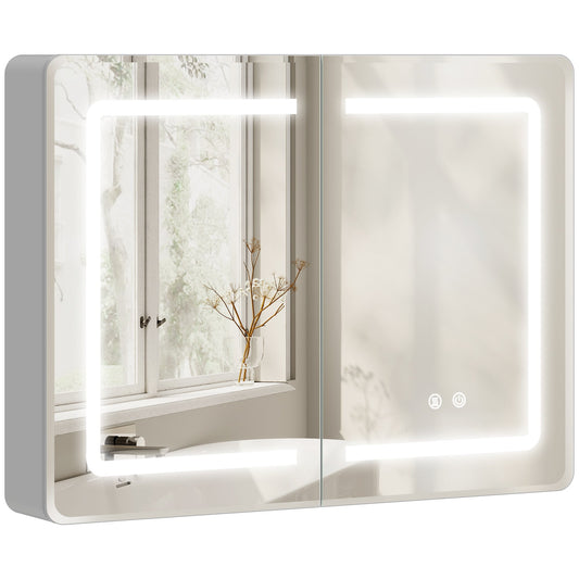 Bathroom Mirror Cabinet with LED Lights and Double-Sided Mirrors, 600 x 800 mm Aluminium Wall Mounted Bathroom Cabinet with Anti-Fog, 3 Colour Dimmable Lighting, Adjustable Shelves