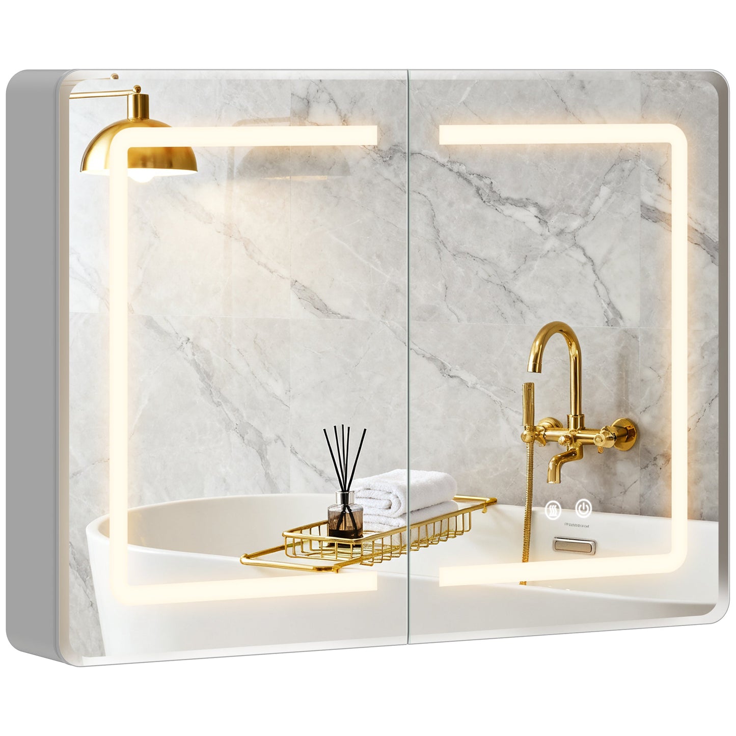 Bathroom Mirror Cabinet with LED Lights and Double-Sided Mirrors, 600 x 800 mm Aluminium Wall Mounted Bathroom Cabinet with Anti-Fog, 3 Colour Dimmable Lighting, Adjustable Shelves