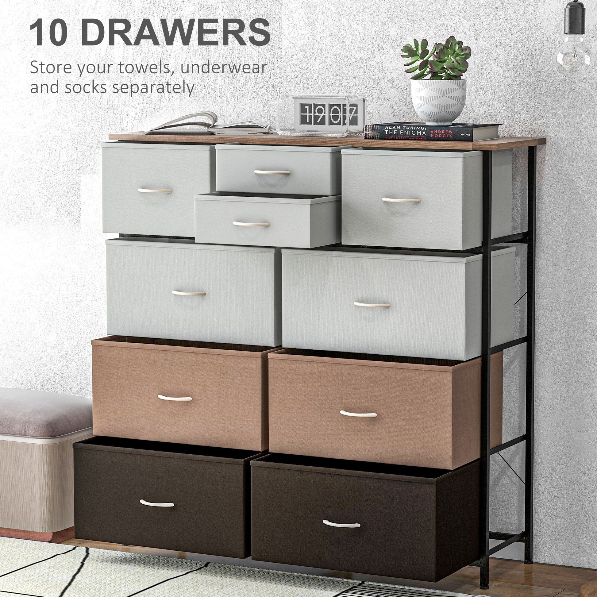 HOMCOM Chest of Drawers for Bedroom, Fabric Dresser, 10 Drawer Storage Organizer Unit with Foldable Drawers and Steel Frame, Multicolour