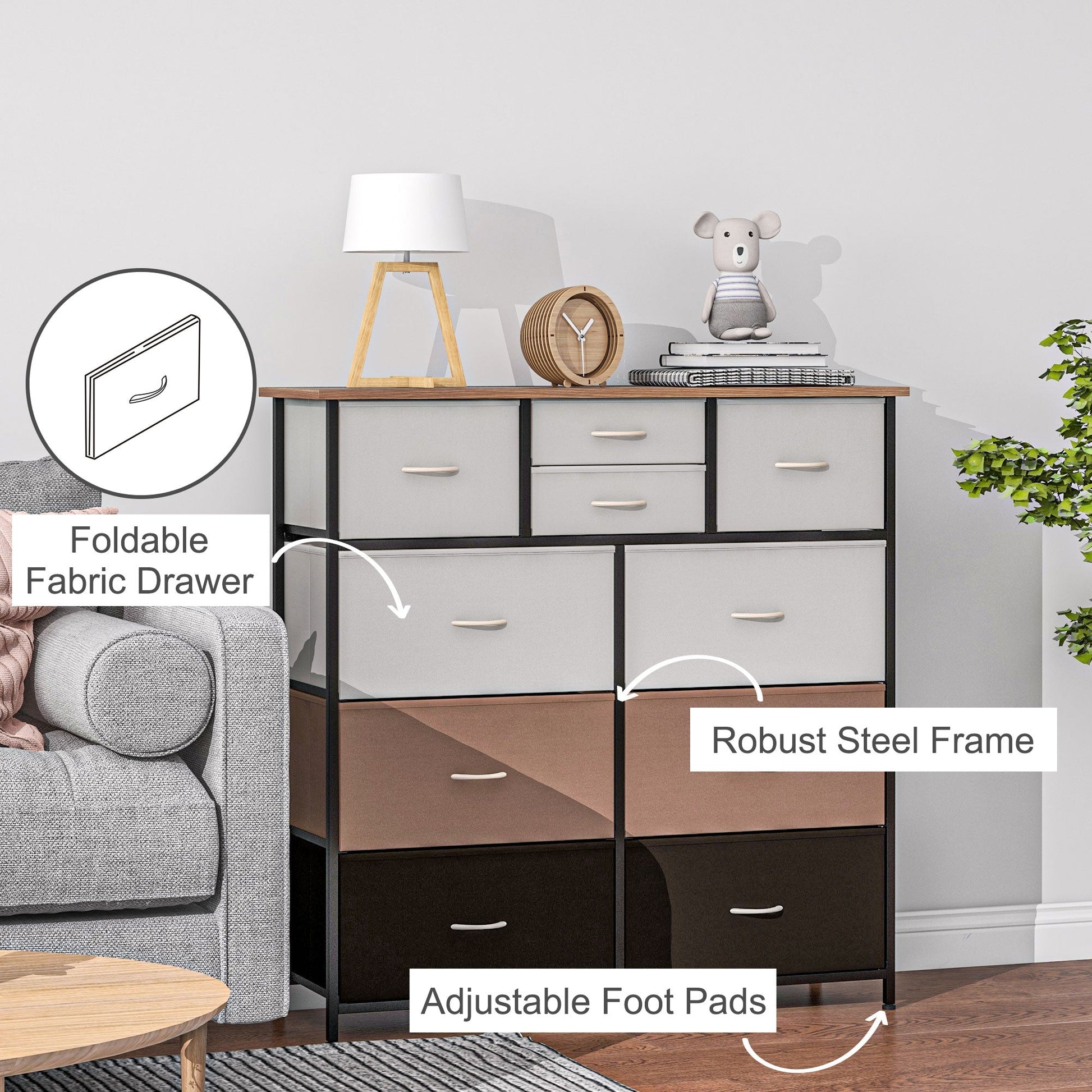 HOMCOM Chest of Drawers for Bedroom, Fabric Dresser, 10 Drawer Storage Organizer Unit with Foldable Drawers and Steel Frame, Multicolour