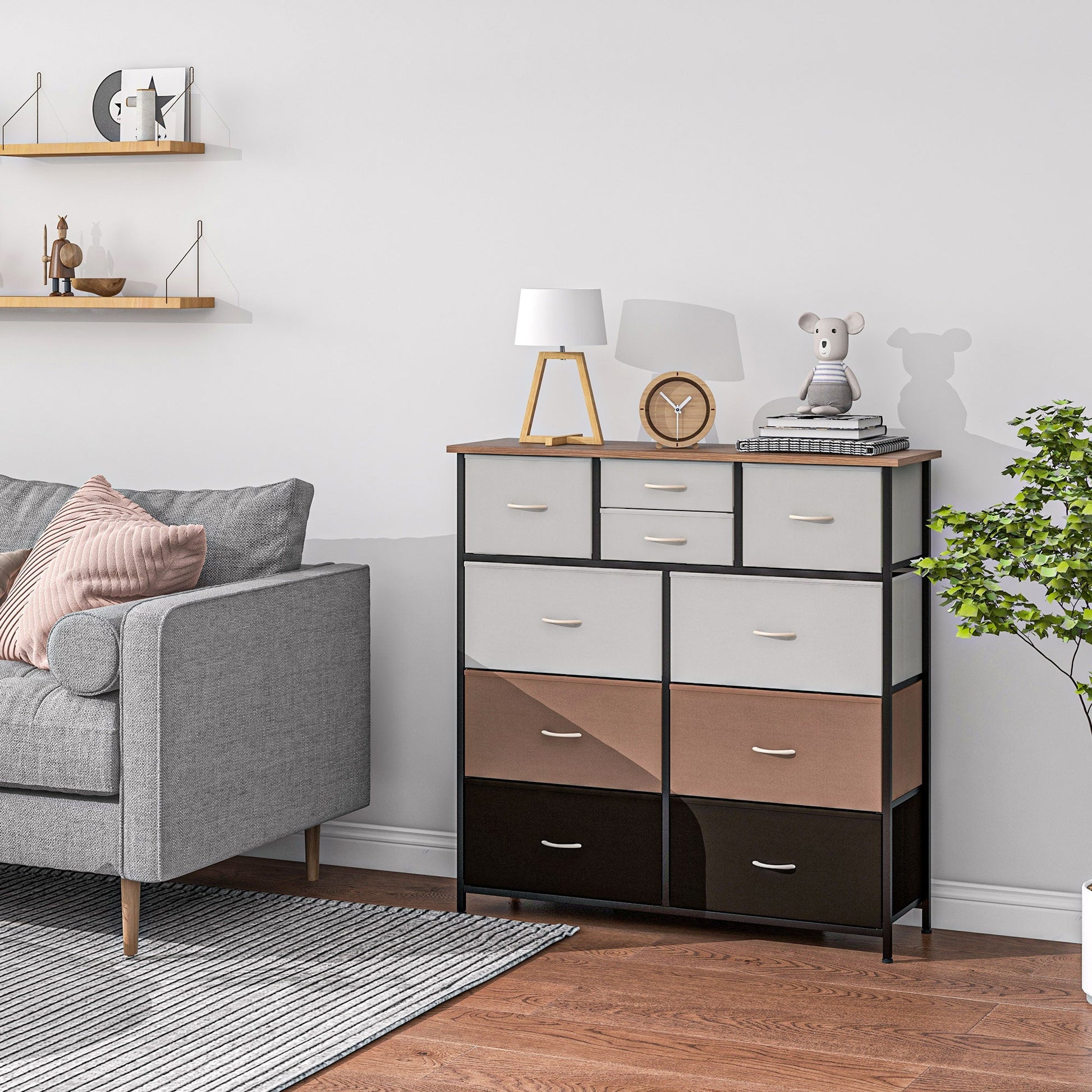 HOMCOM Chest of Drawers for Bedroom, Fabric Dresser, 10 Drawer Storage Organizer Unit with Foldable Drawers and Steel Frame, Multicolour