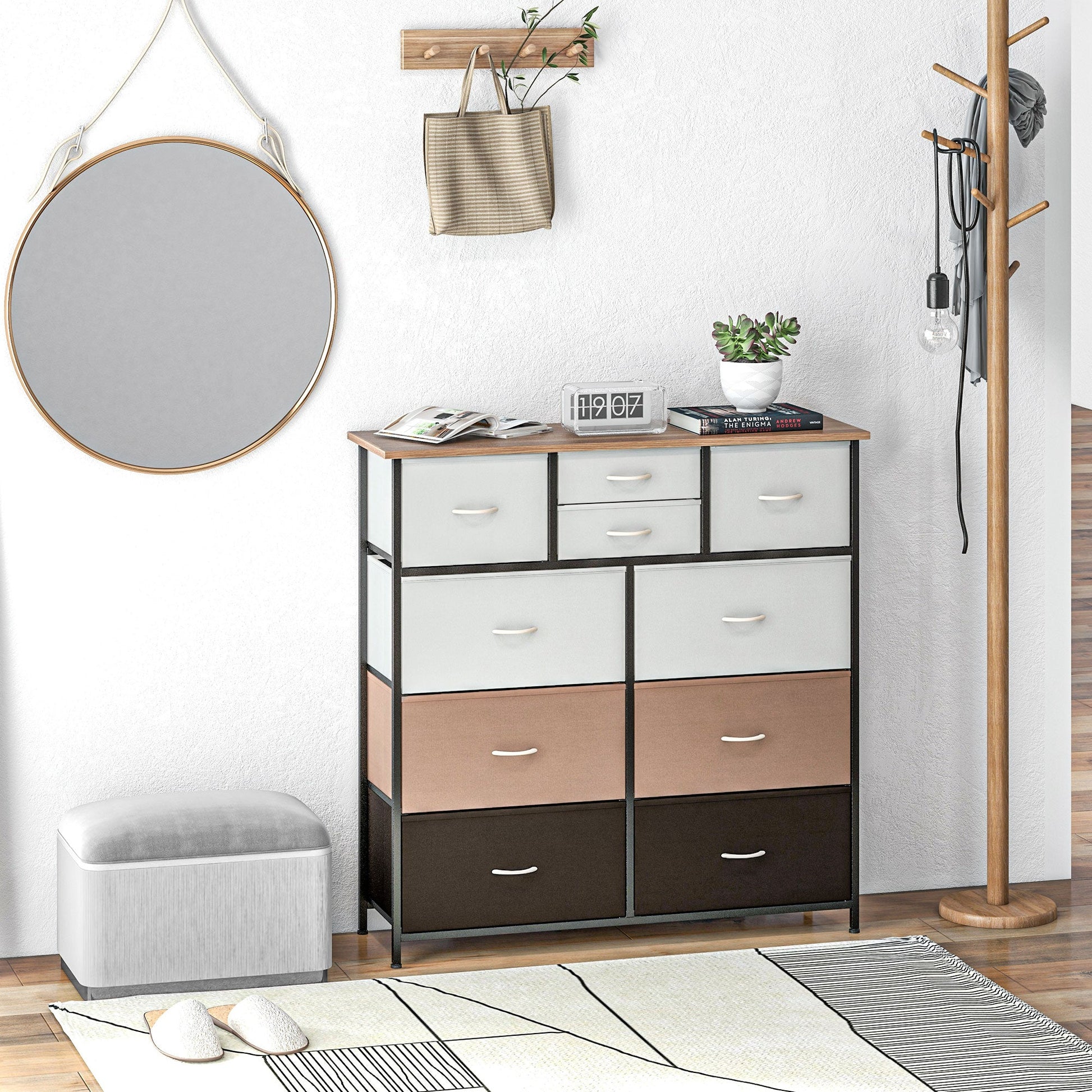HOMCOM Chest of Drawers for Bedroom, Fabric Dresser, 10 Drawer Storage Organizer Unit with Foldable Drawers and Steel Frame, Multicolour